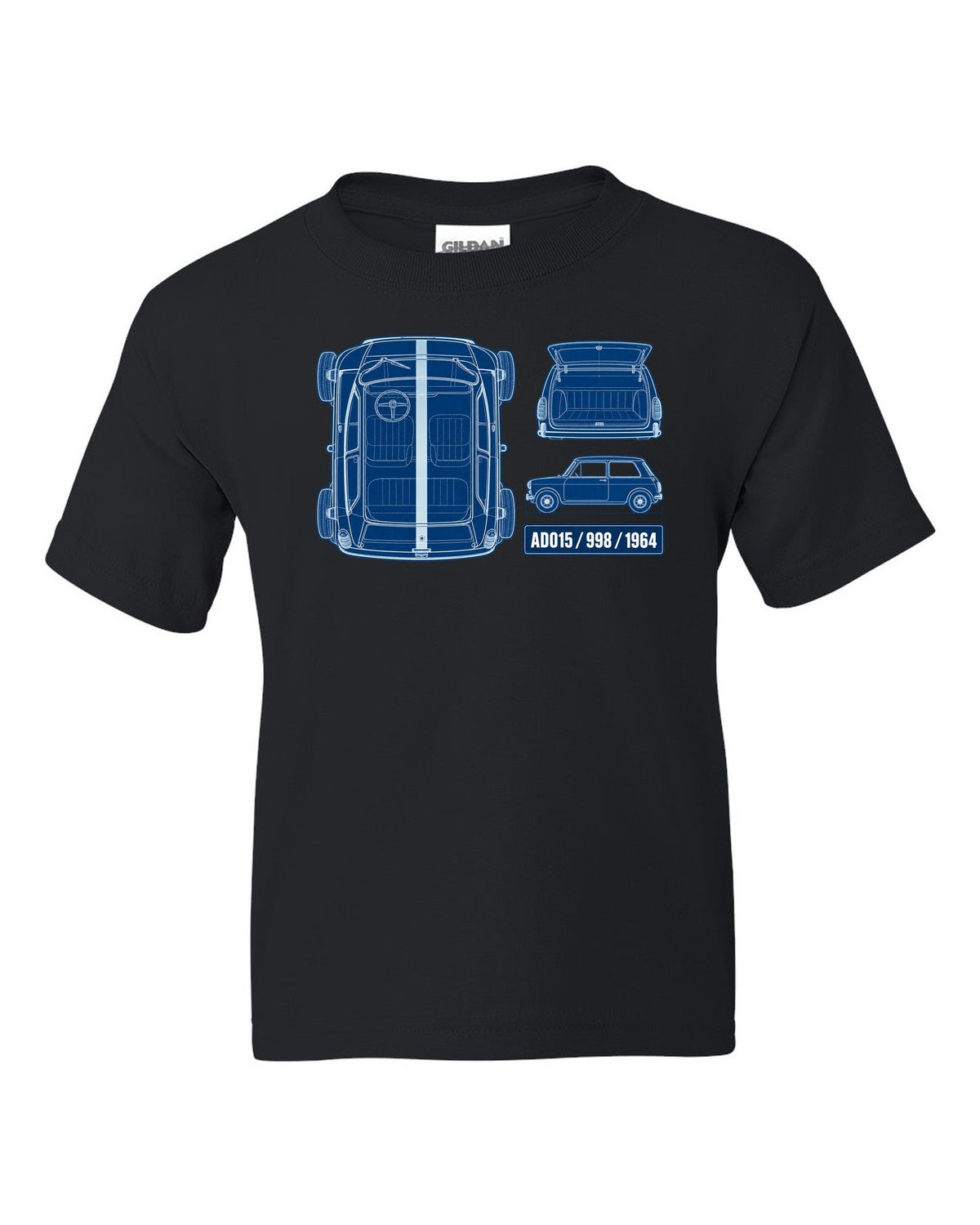 1964 Mini Cooper Mk I ADO15 in a white-on-blue cyanotype blueprint style black kids tee front view with the design