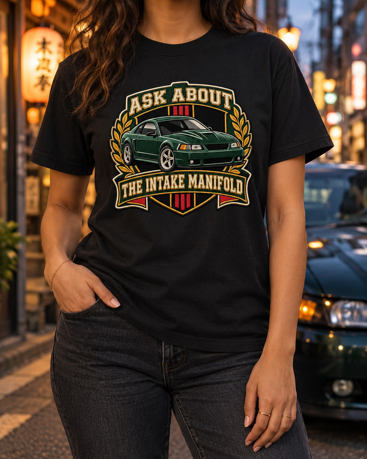 Mustang New Edge Coupe Crest Shirt, Ask About The Intake T-Shirt Black worn hero