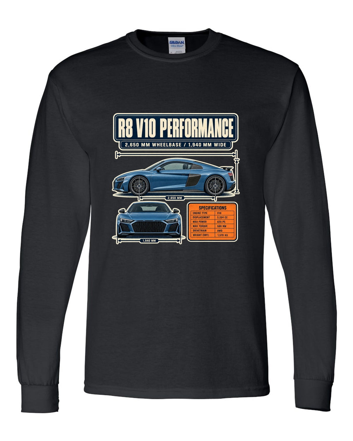 Audi R8 V10 performance Type 4S dimension blueprint print design black long sleeve front view with the design