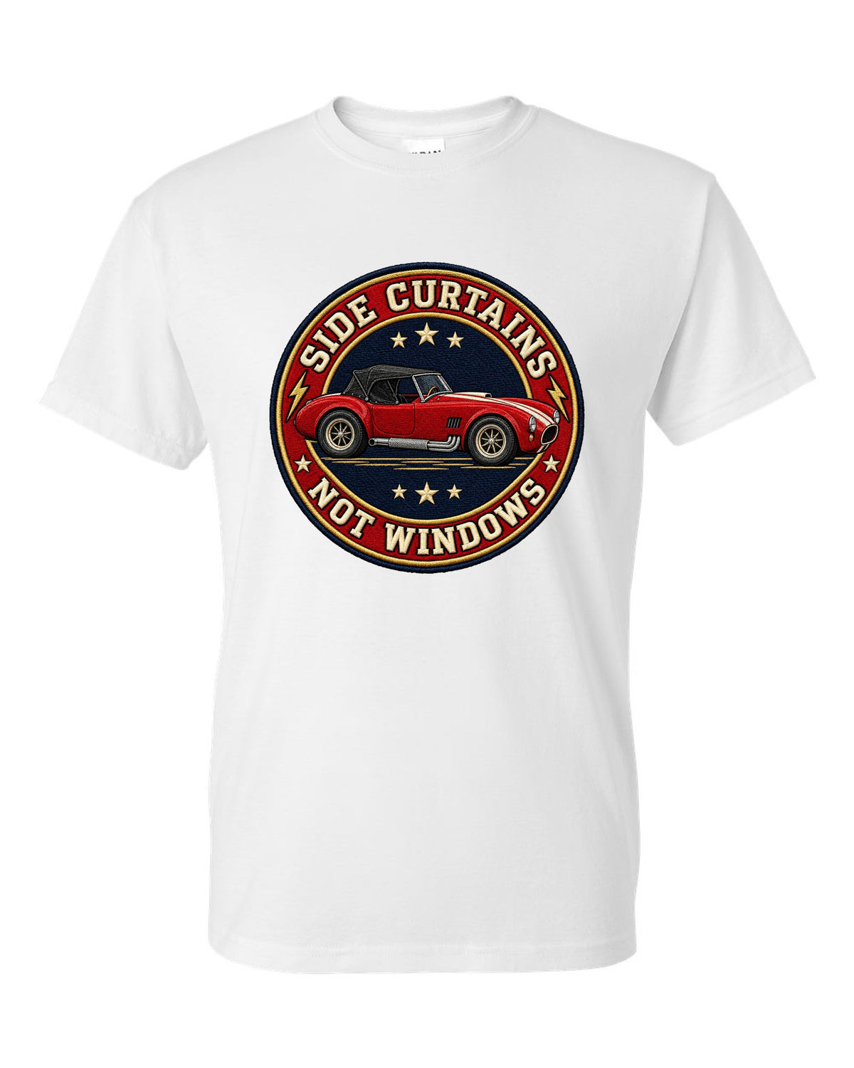 Embroidery-style varsity crest design with a 1992 Dodge Viper RT/10 SR I white t-shirt front view with the design