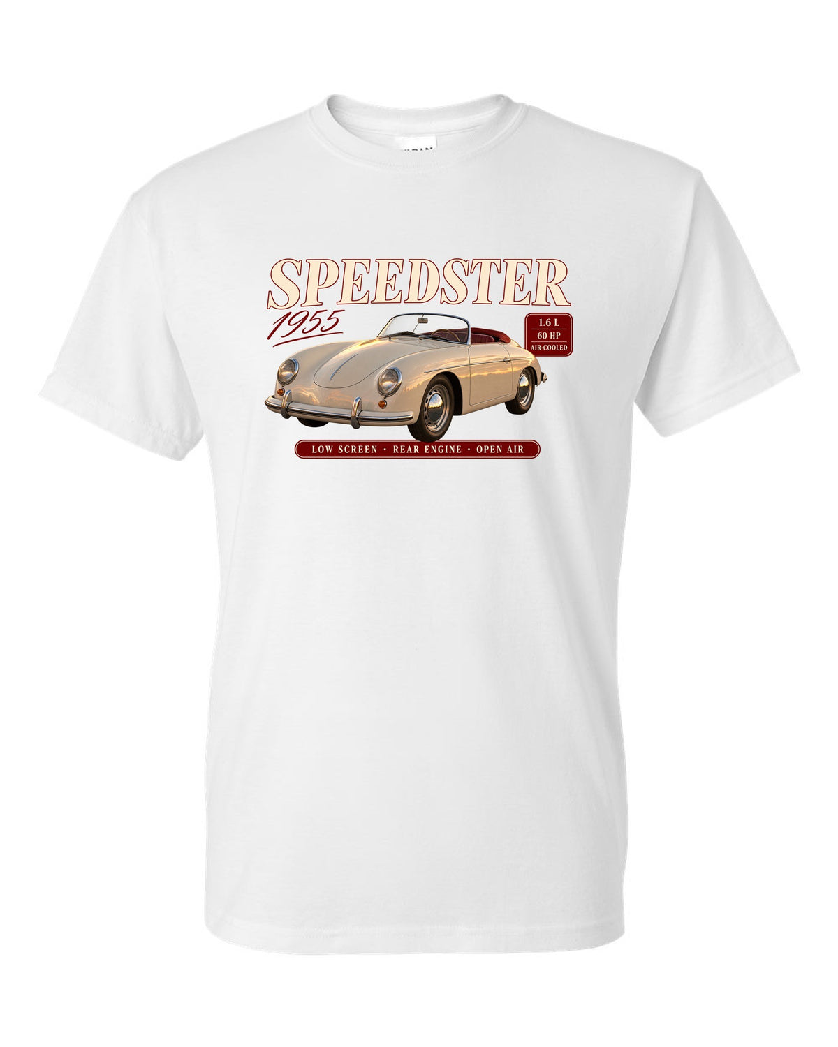 Archive spec panel print for the 1955 Porsche 356 Speedster with low screen and air-cooled specs white t-shirt front view with the design