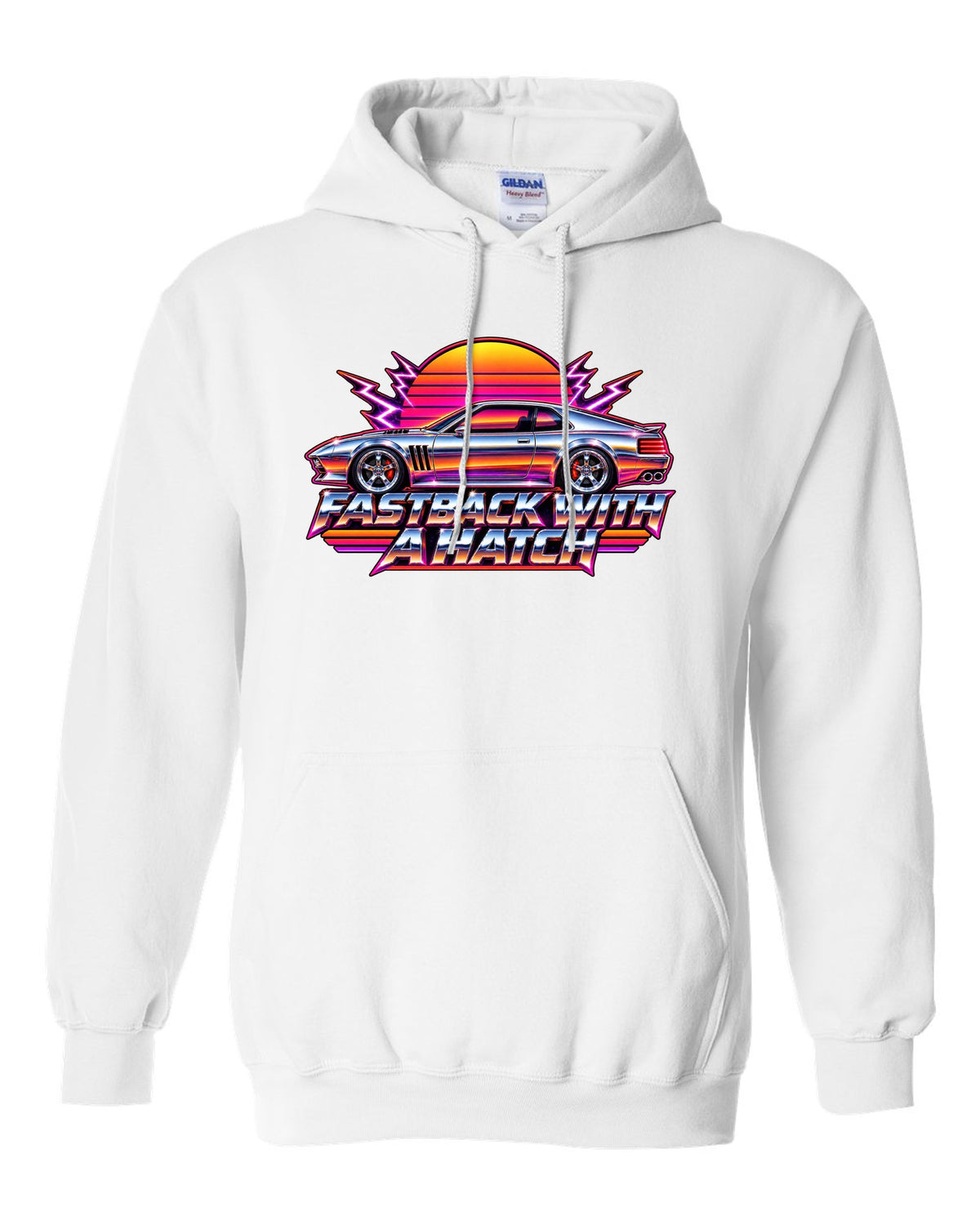 Kia Stinger GT CK 80s airbrush chrome sunset print with fastback with a ch text white pull over hoodie front view with the design