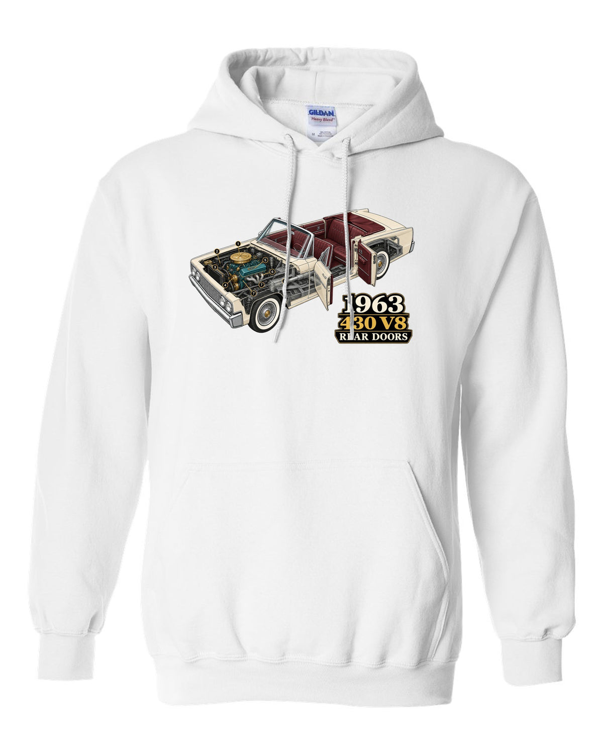 1963 Lincoln Continental four-door convertible isometric cutaway diagram white pull over hoodie front view with the design