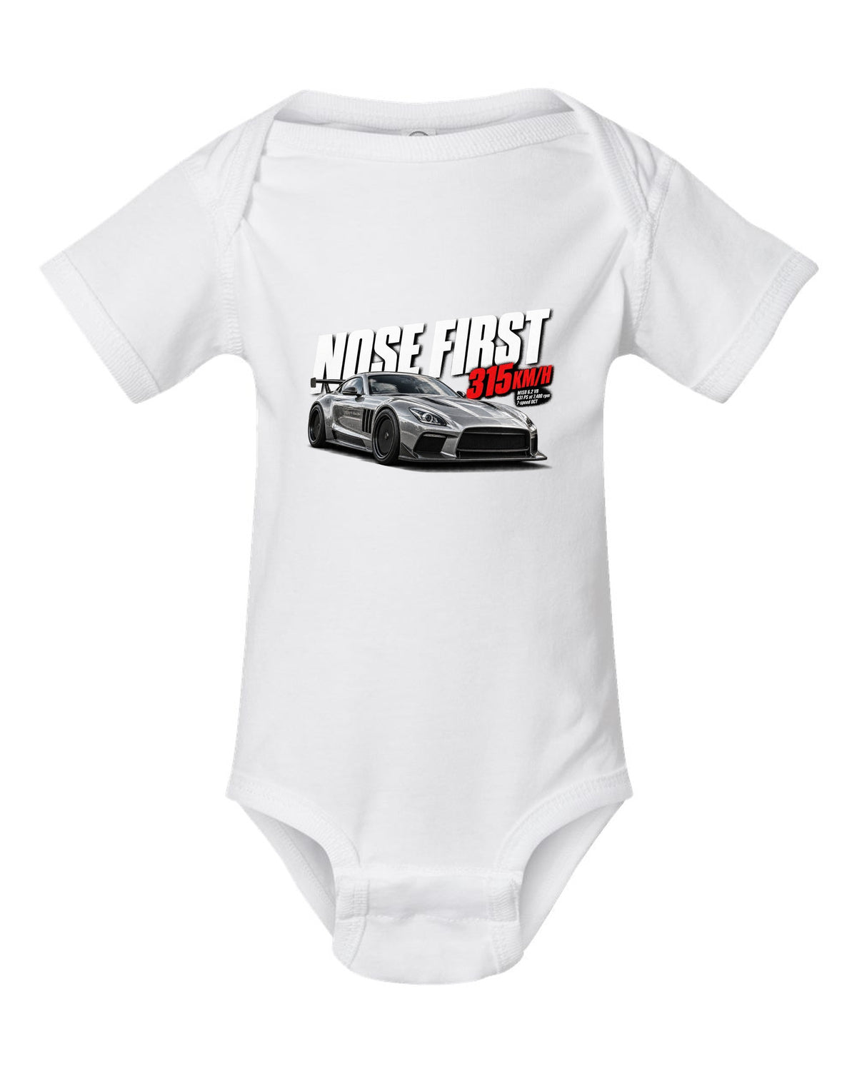 Halftone print of a Mercedes SLS AMG Black Series C197 with Nose First 315 km/h lettering white baby onesie front view with the design