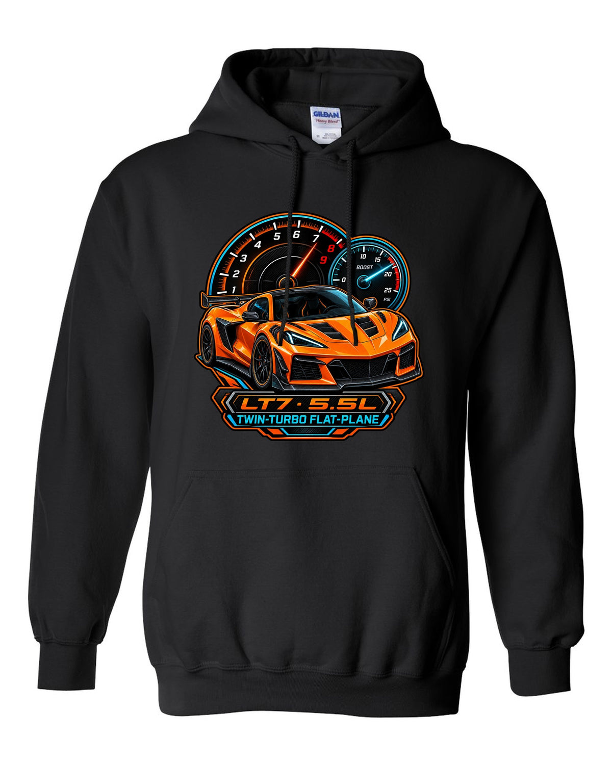 Embroidery-style varsity crest of a 2023 C8 Corvette Z06 with LT7 engine lettering black pull over hoodie front view with the design