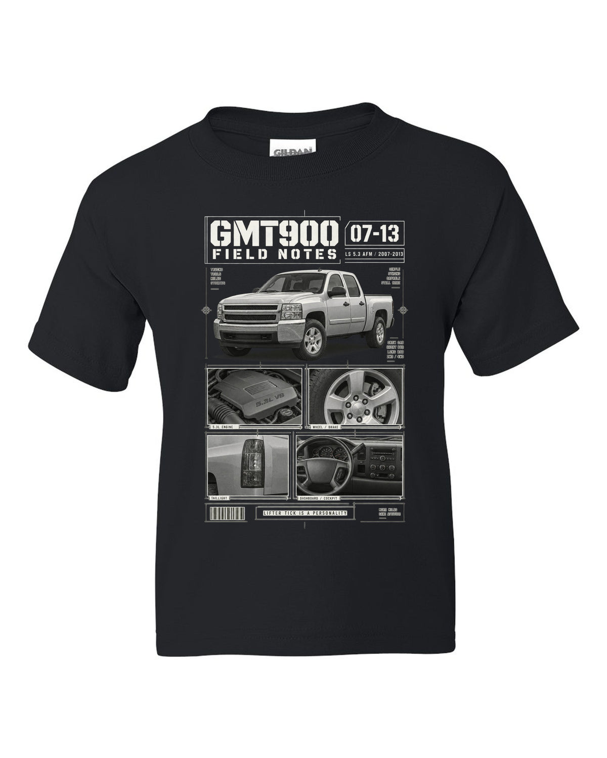 GMT900 Chevy Silverado crew cab field notes dossier print black kids tee front view with the design