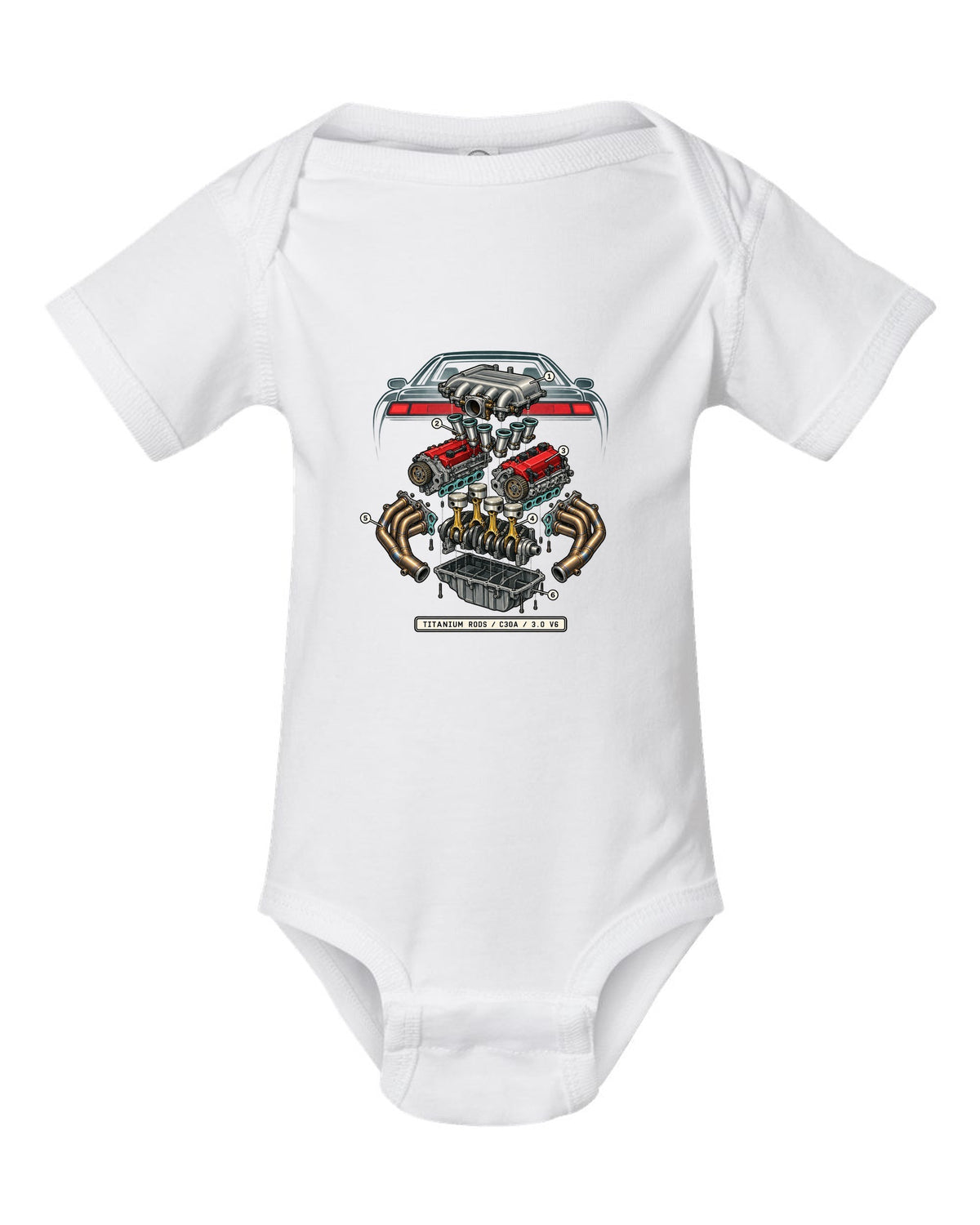 Isometric engine schematic print for the Honda NSX NA1 C30A with titanium rods text white baby onesie front view with the design