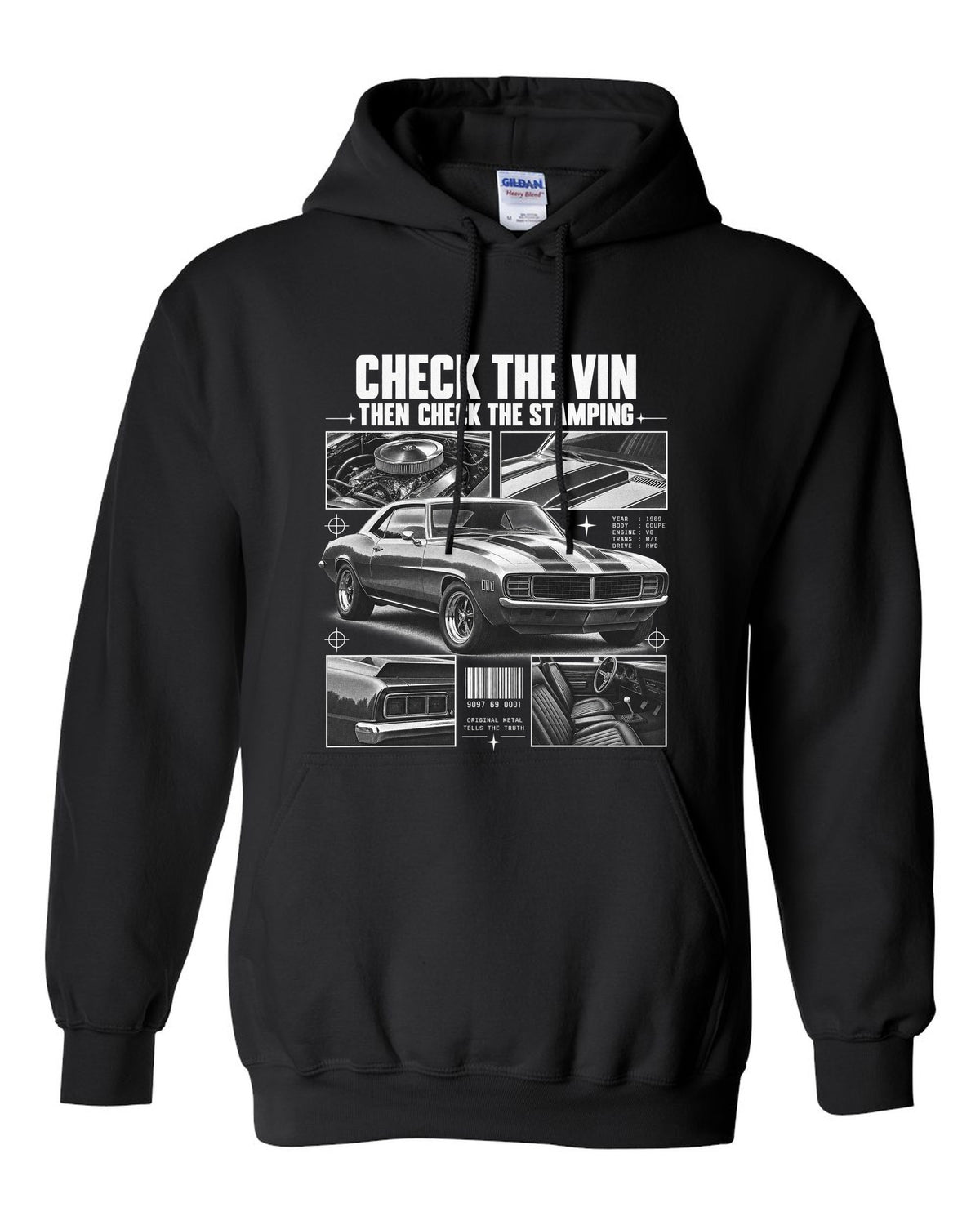 Dossier-panel print of a 1969 Chevrolet Camaro with check the VIN and stamping text black pull over hoodie front view with the design
