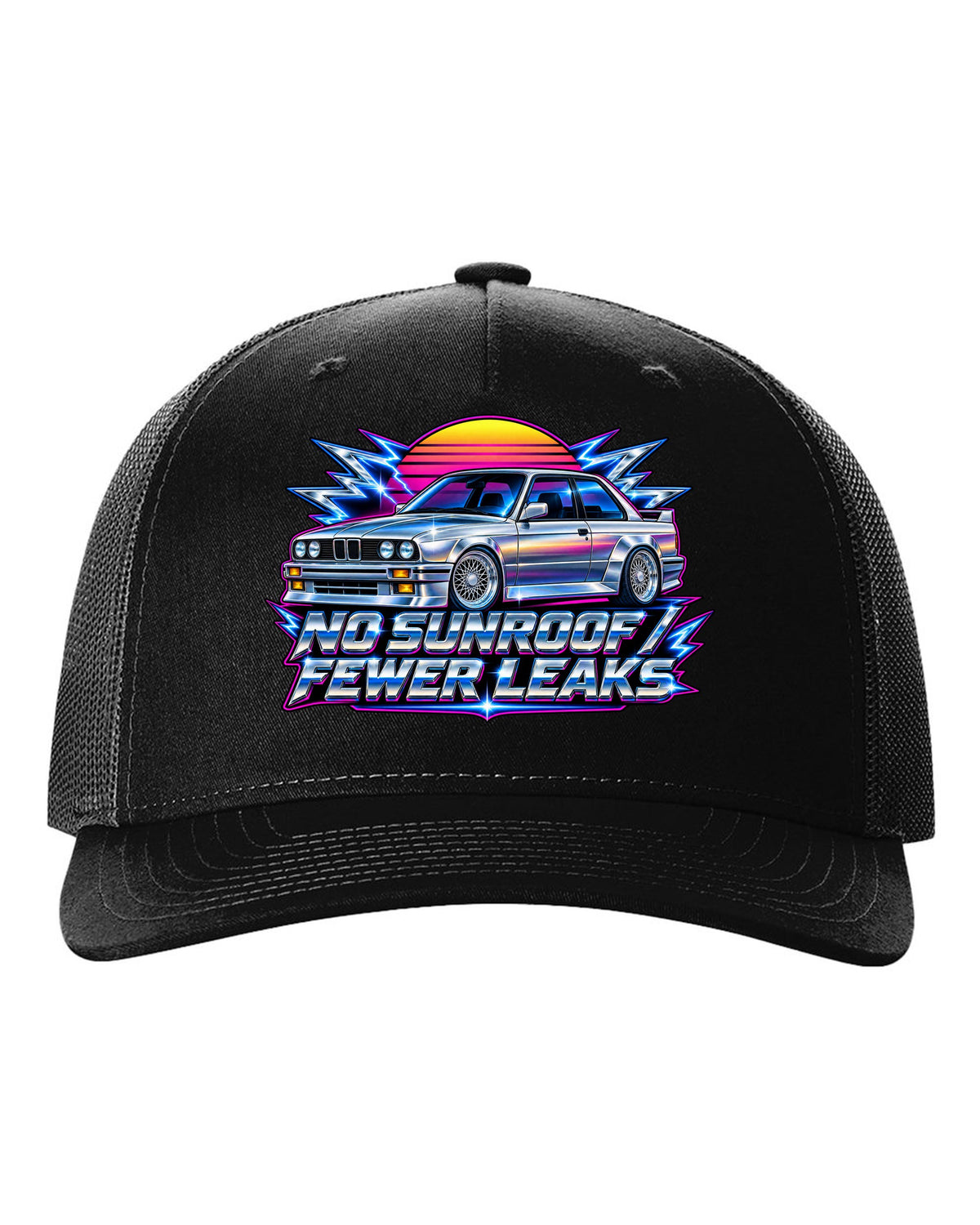 80s chrome airbrush print of a BMW E30 M3 with no sunroof fewer leaks text black hat front view with the design