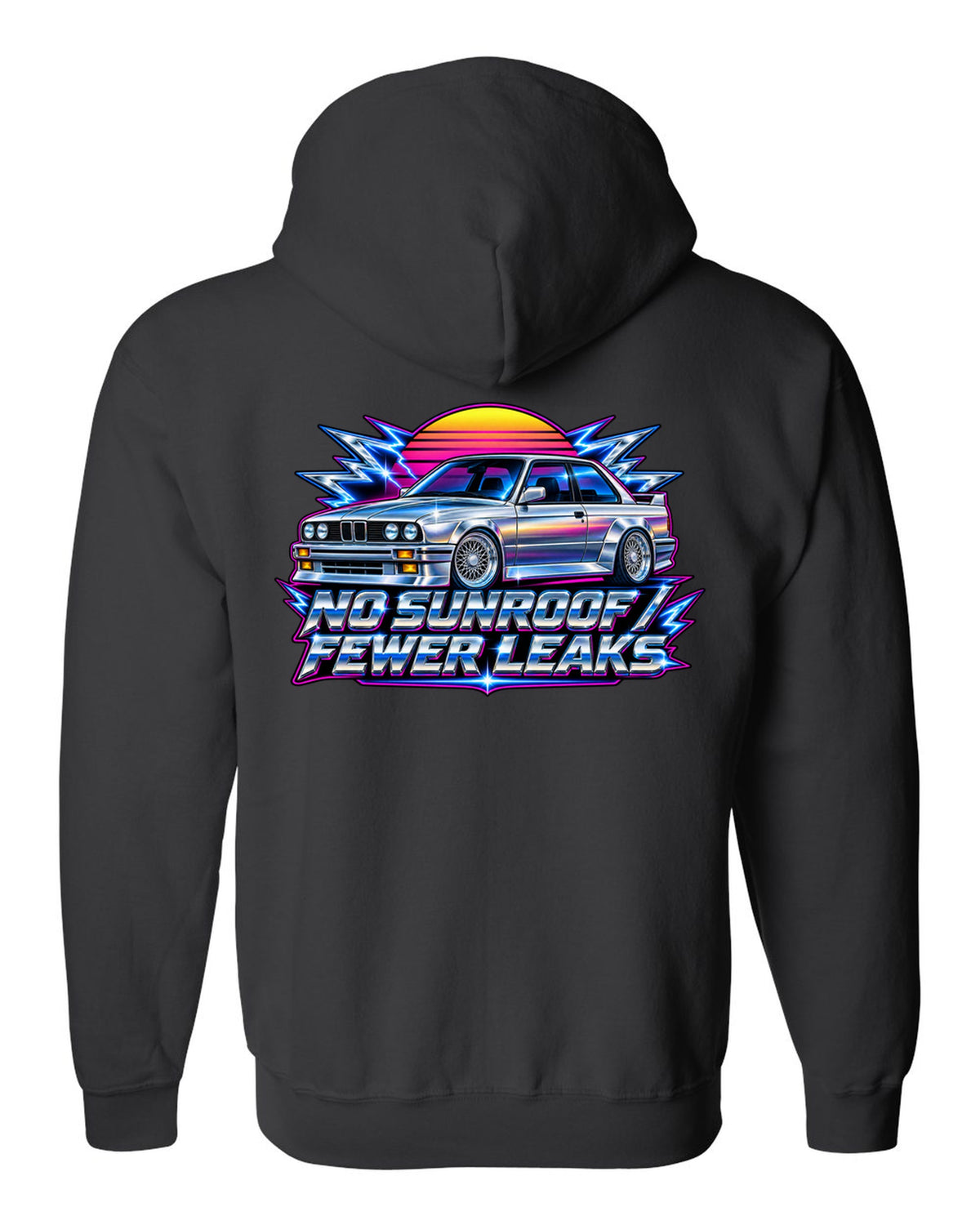 80s chrome airbrush print of a BMW E30 M3 with no sunroof fewer leaks text black zip hoodie back view with the design