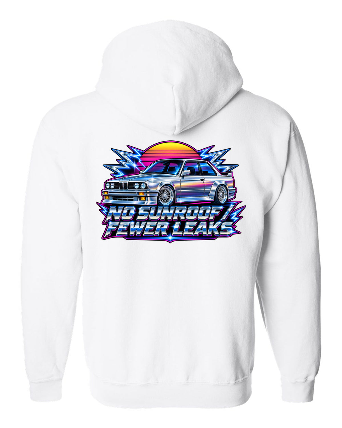 80s chrome airbrush print of a BMW E30 M3 with no sunroof fewer leaks text white zip hoodie back view with the design