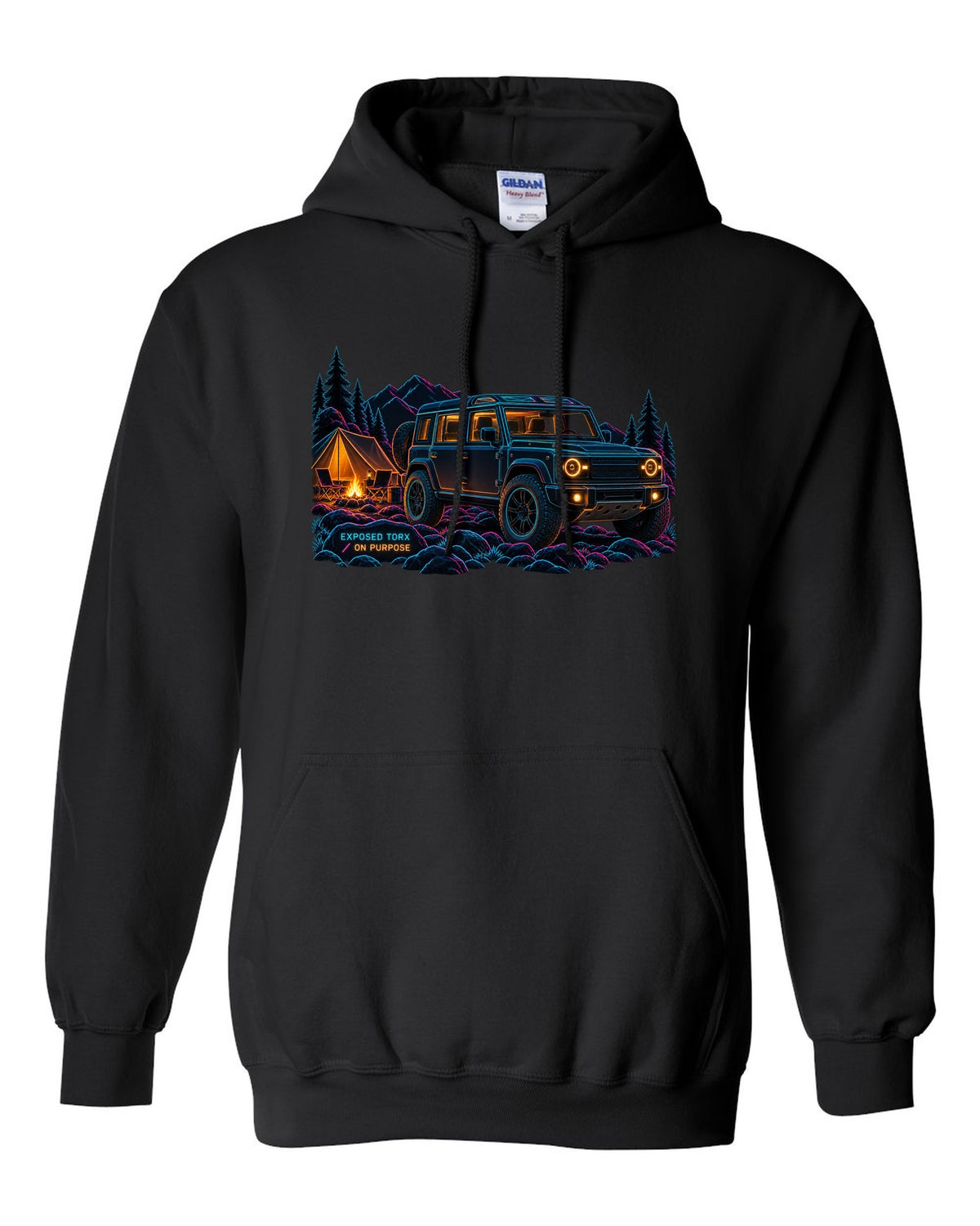 Neon line art print of a Land Rover Defender L663 110 at night camp with Exposed Torx text black pull over hoodie front view with the design