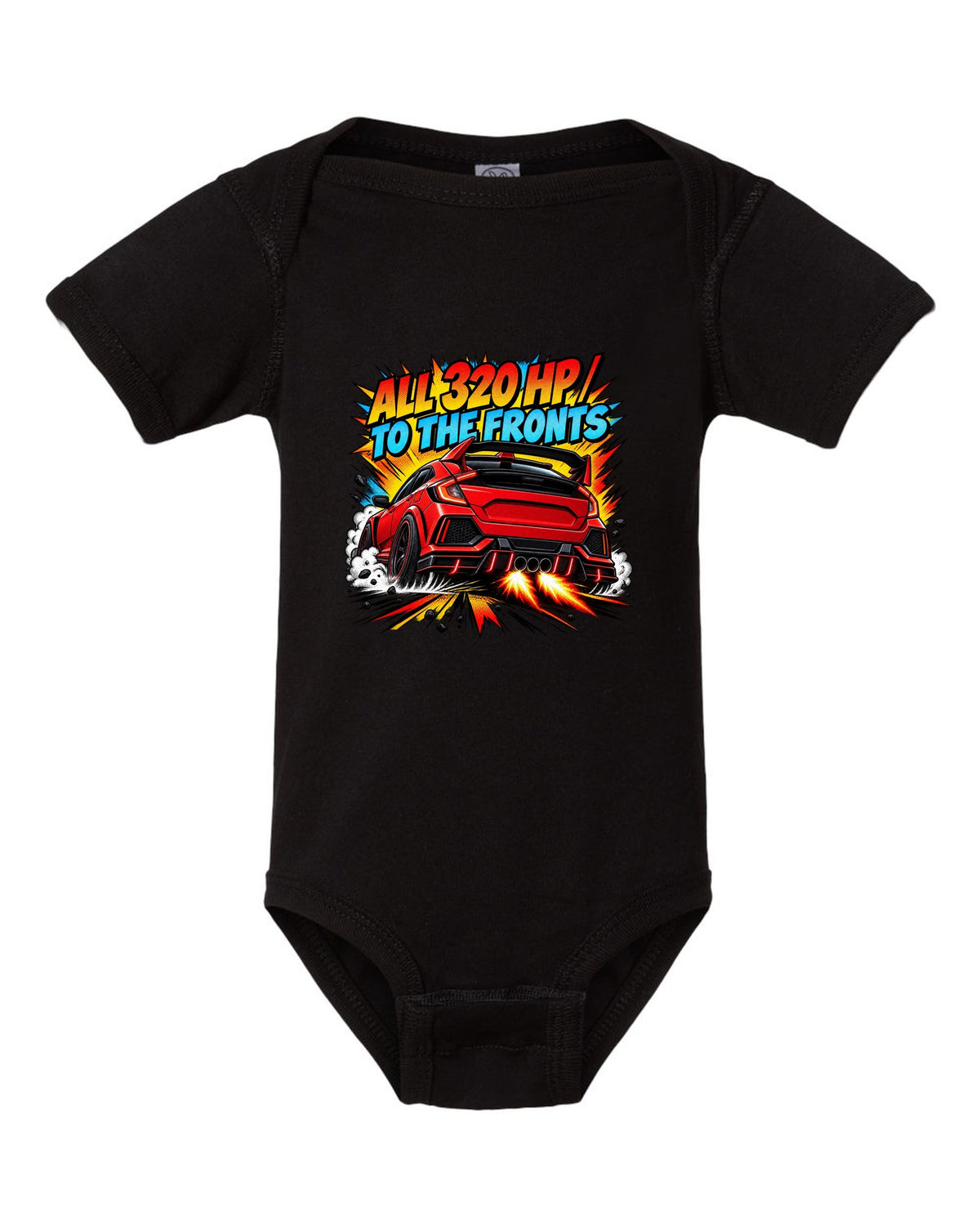 Halftone comic print of a Honda Civic Type R FK8 with triple exhaust and 320 HP text black baby onesie front view with the design