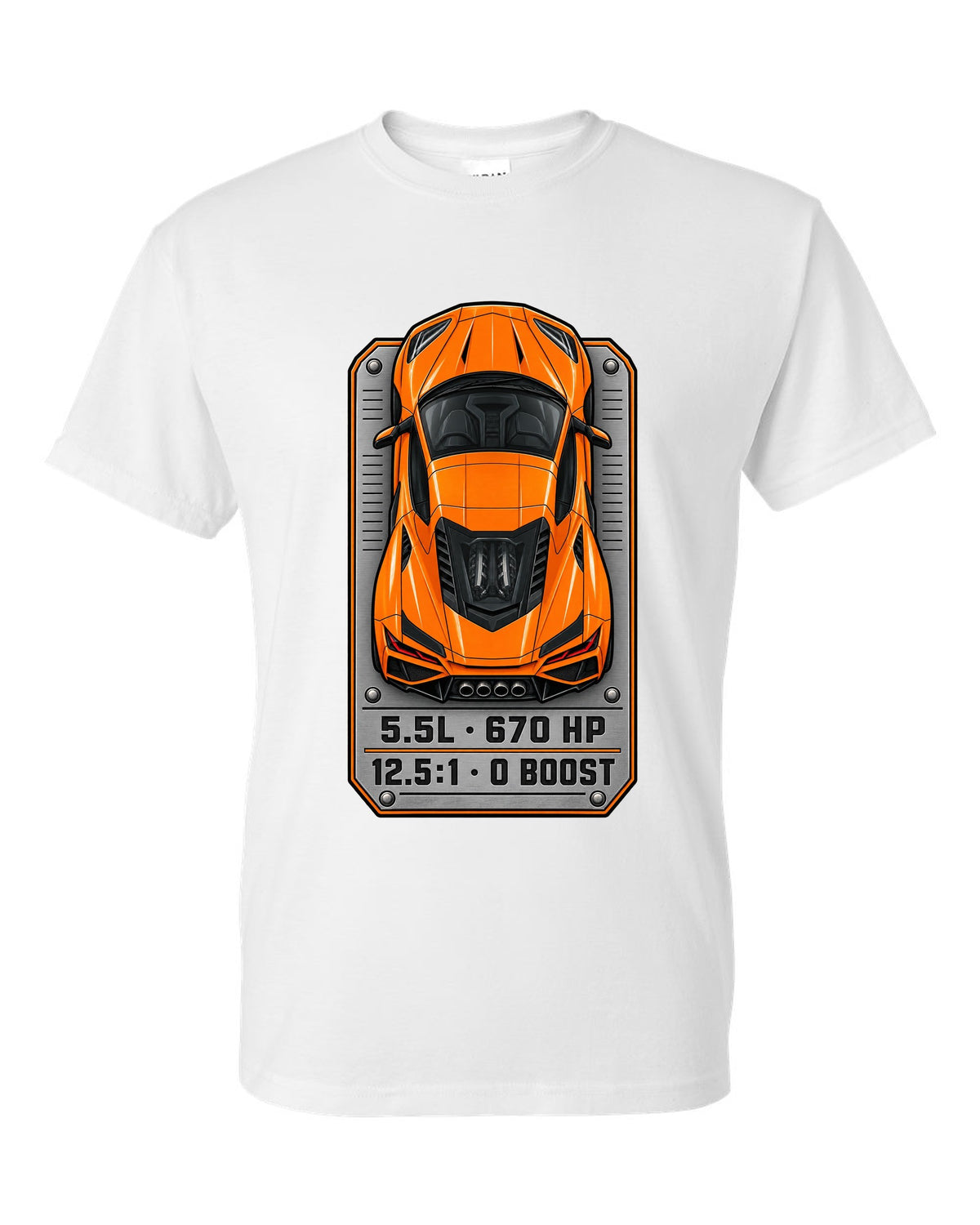 80s airbrush chrome style design of a 2025 C8 Corvette ZR1 white t-shirt front view with the design
