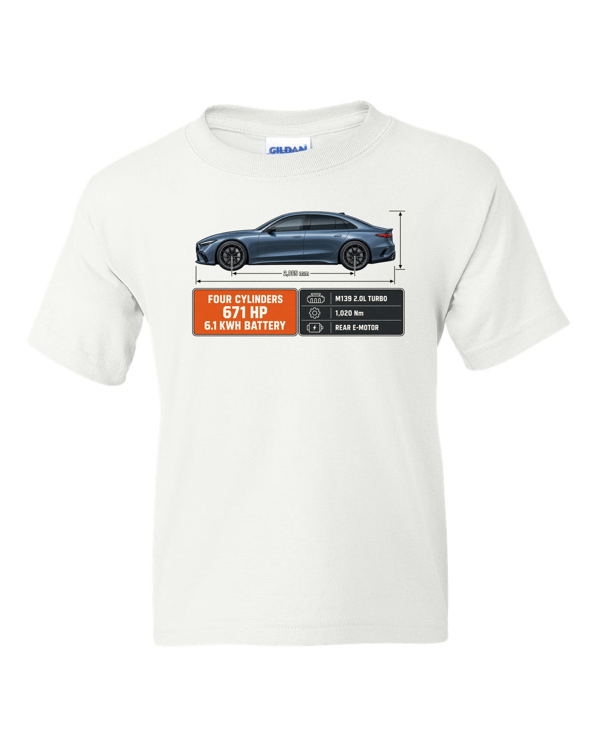 Mercedes-AMG C63 S E Performance W206 blueprint with dimension lines white kids tee front view with the design