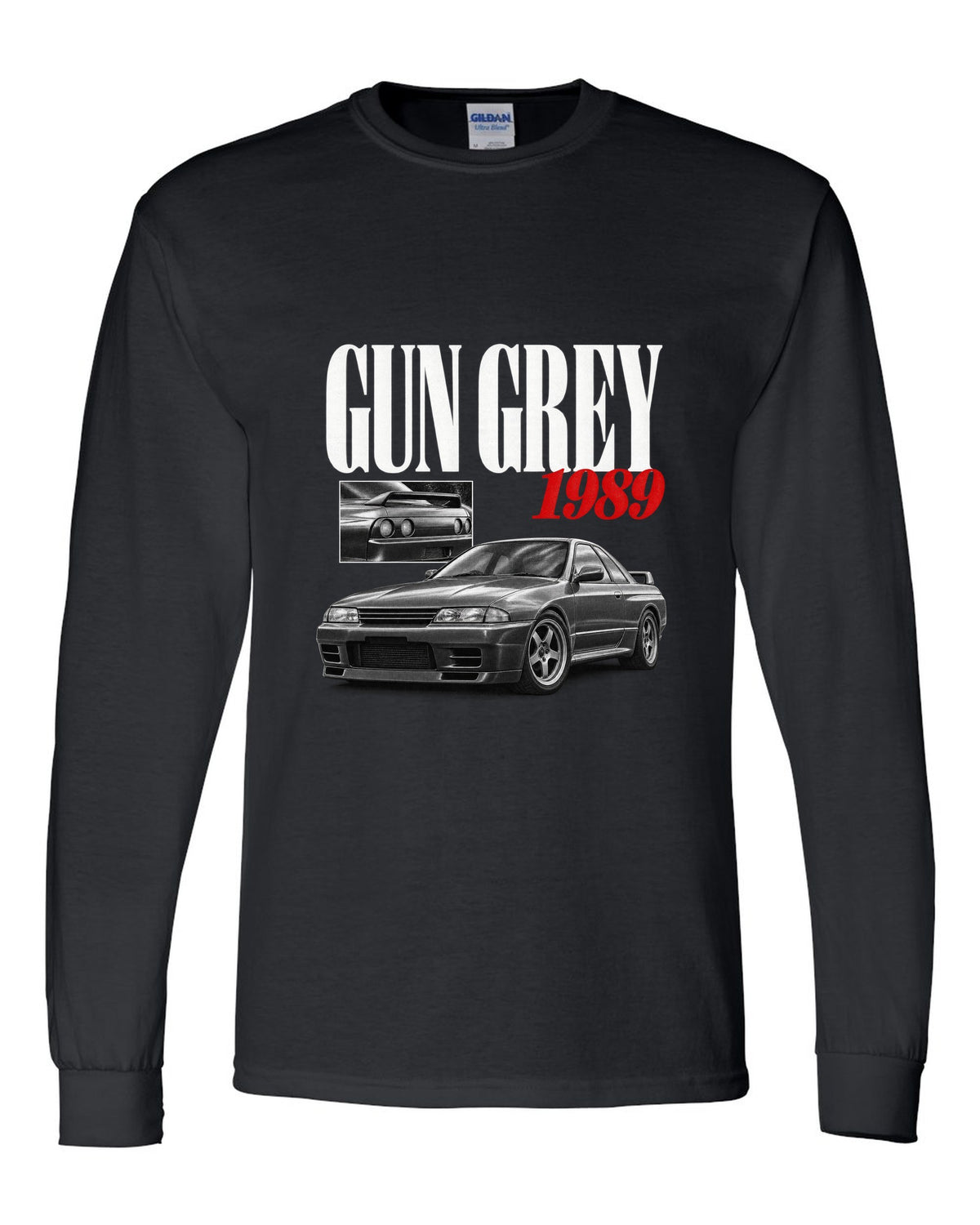 Editorial headline print of a Nissan Skyline GT-R R32 BNR32 in Gun Grey with 1989 text black long sleeve front view with the design