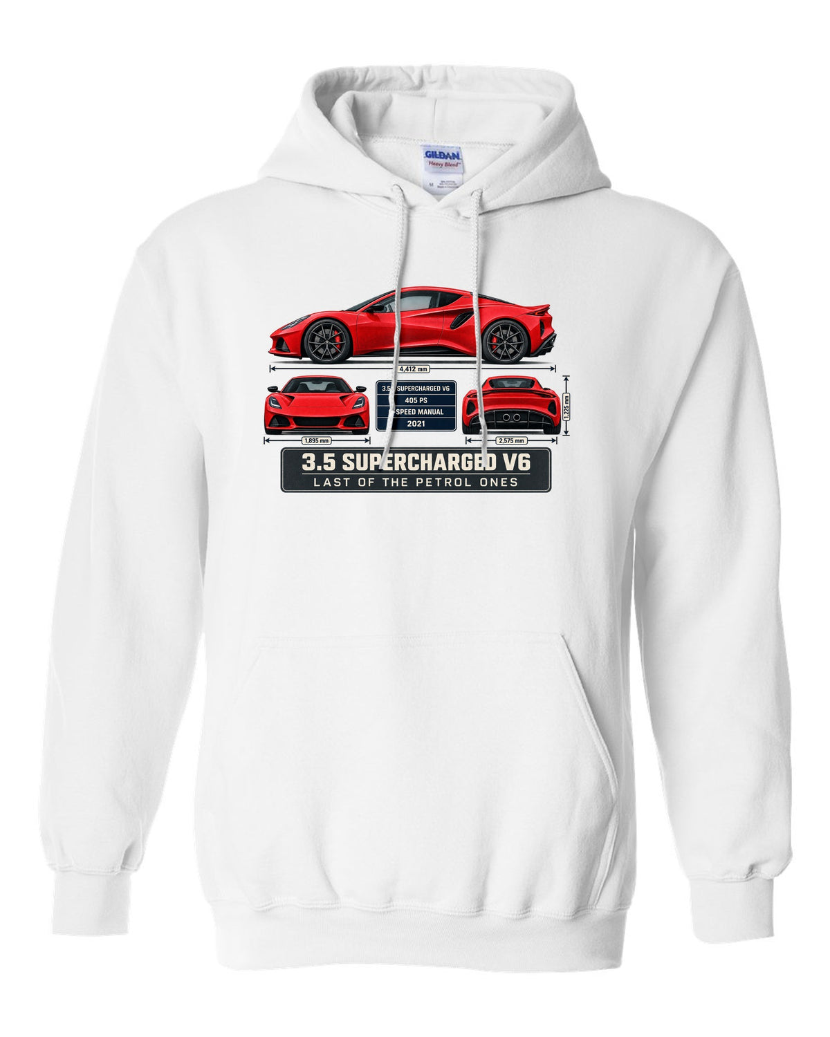Lotus Emira V6 First Edition Spec Poster Tee, 3.5 Supercharg white pull over hoodie front view with the design