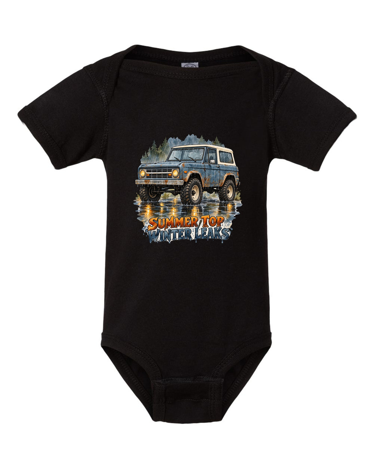 Watercolour wash print of a 1969 first-generation Chevrolet K5 Blazer with summer top winter leaks text black baby onesie front view with the design