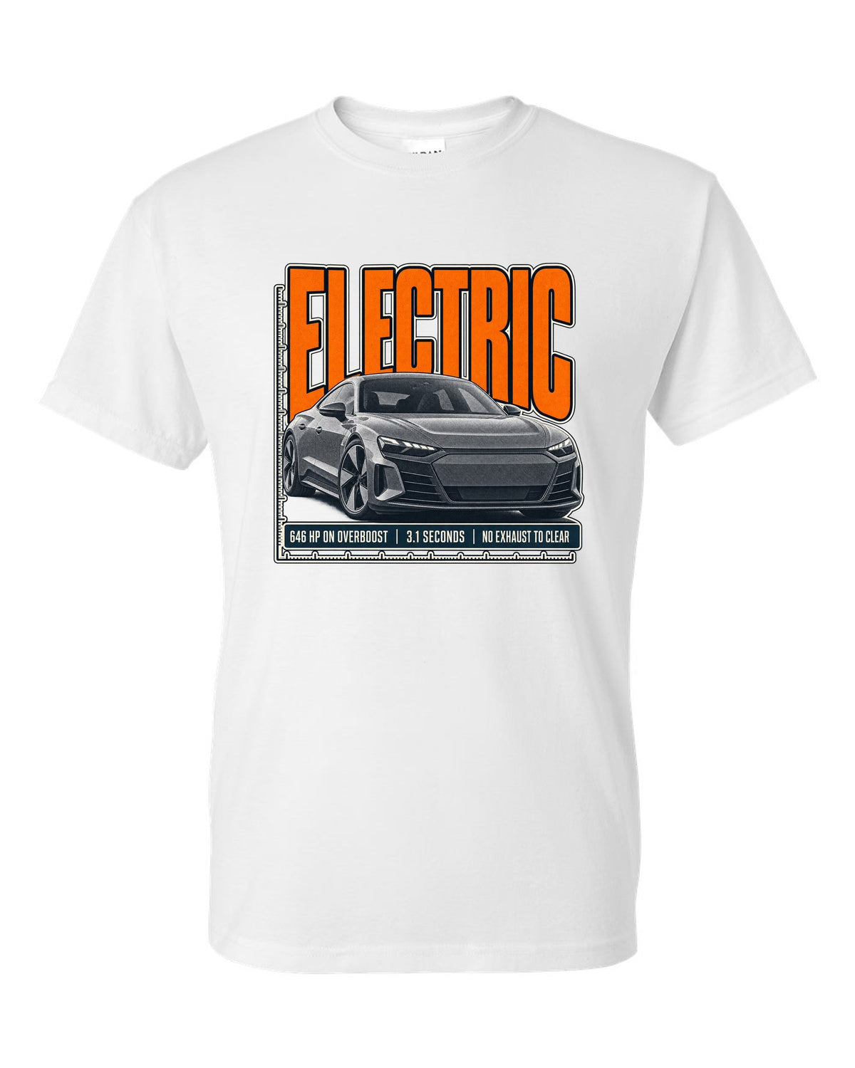 Audi RS e-tron GT low front three-quarter halftone statement print design white t-shirt front view with the design