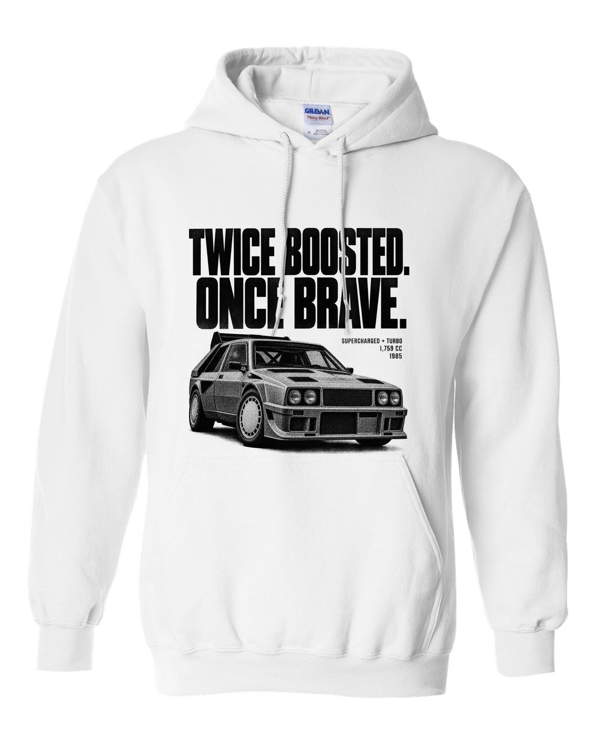 Halftone print of a Lancia Delta S4 with supercharged and turbo lettering white pull over hoodie front view with the design