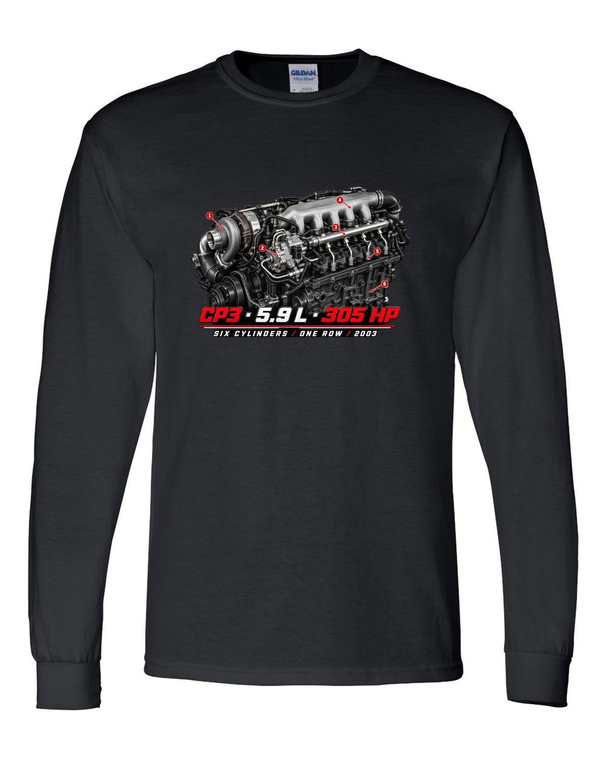 Engine hero print of a 5.9 L inline-six common rail turbo diesel with CP3, 5.9 L, 305 HP black long sleeve front view with the design