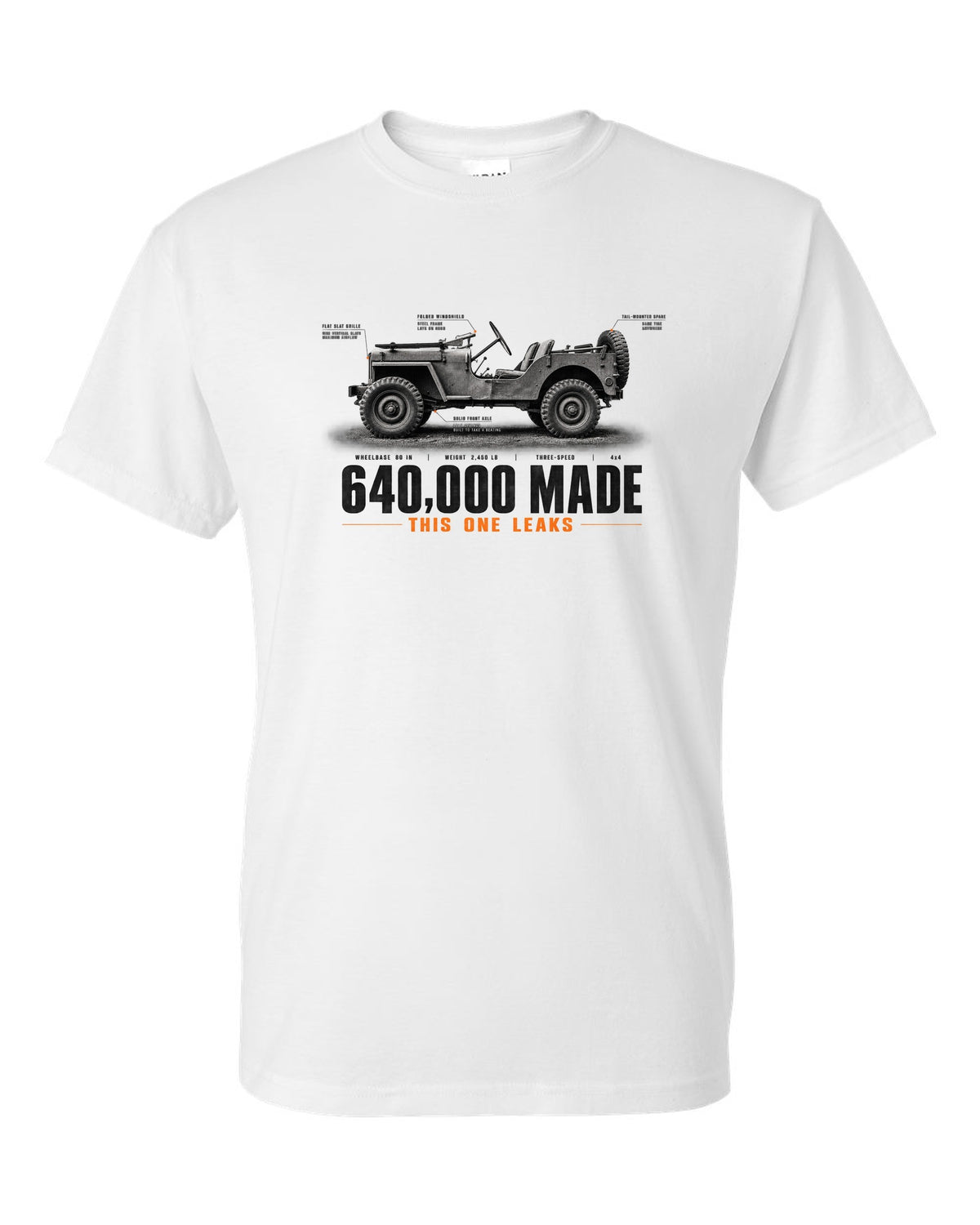 Spec poster print for the Willys MB and Ford GPW, 640,000 made white t-shirt front view with the design