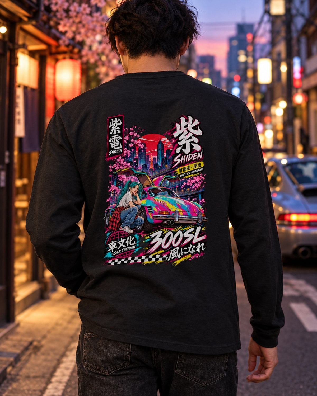 SHIDEN 300SL Anime Girl Full-Back Graphic Tee Long Sleeve Black worn hero