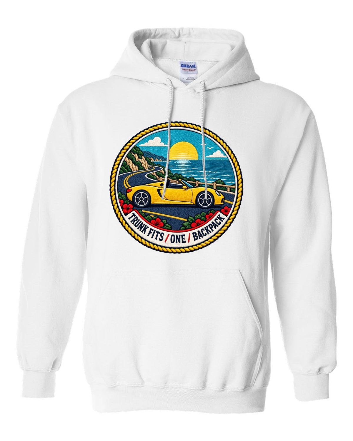 Varsity crest design for the Toyota MR2 W30 MR-S open roadster white pull over hoodie front view with the design