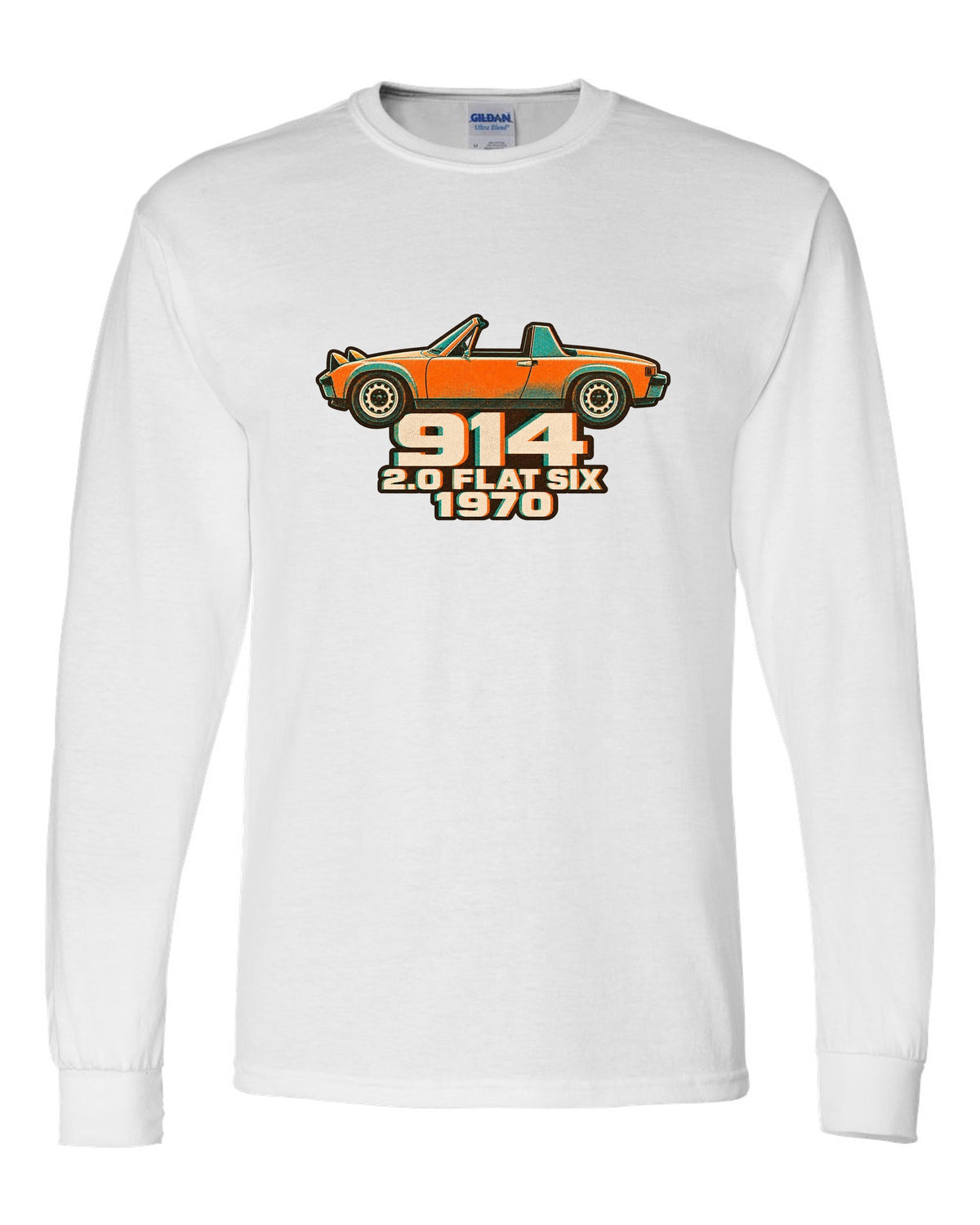 Porsche 914/6 risograph two-colour design with 2.0 flat six lettering white long sleeve front view with the design