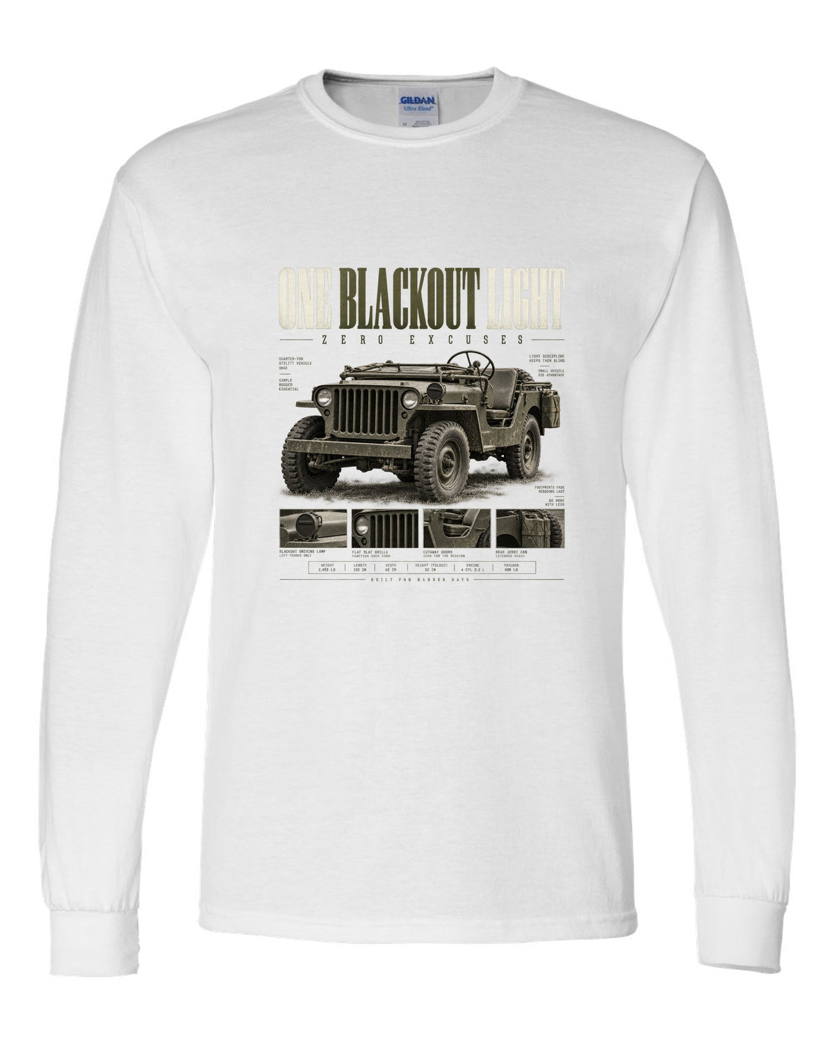Editorial headline print for the Willys MB blackout light, 1941-1945 white long sleeve front view with the design