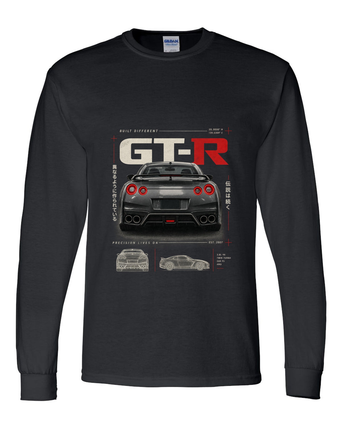 Toyota GR Supra A90 dimension blueprint in warm graphite grey with B58 spec callouts black long sleeve front view with the design