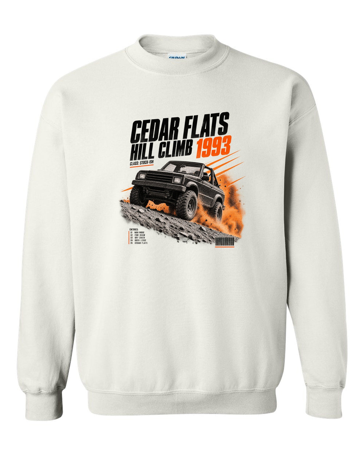 Race poster print for the Jeep Wrangler YJ, Cedar Flats Hill Climb 1993 white crewneck front view with the design