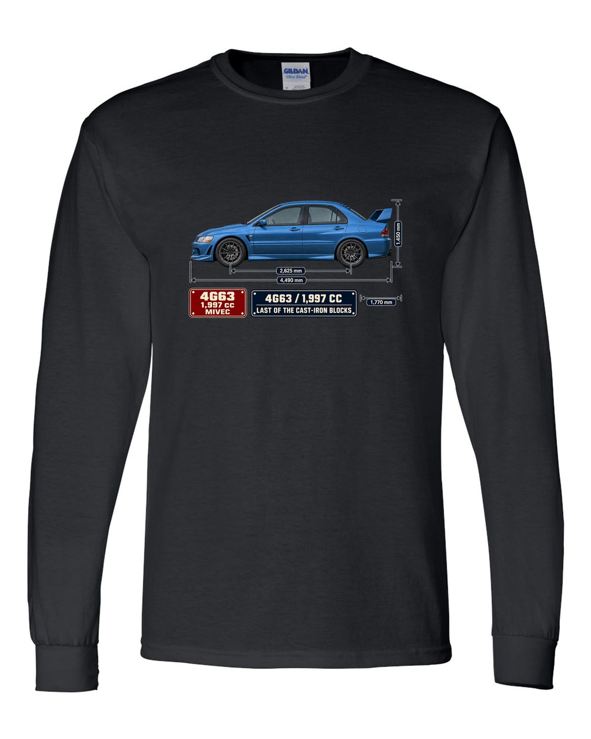 Lancer Evolution IX MR Blueprint black long sleeve front view with the design