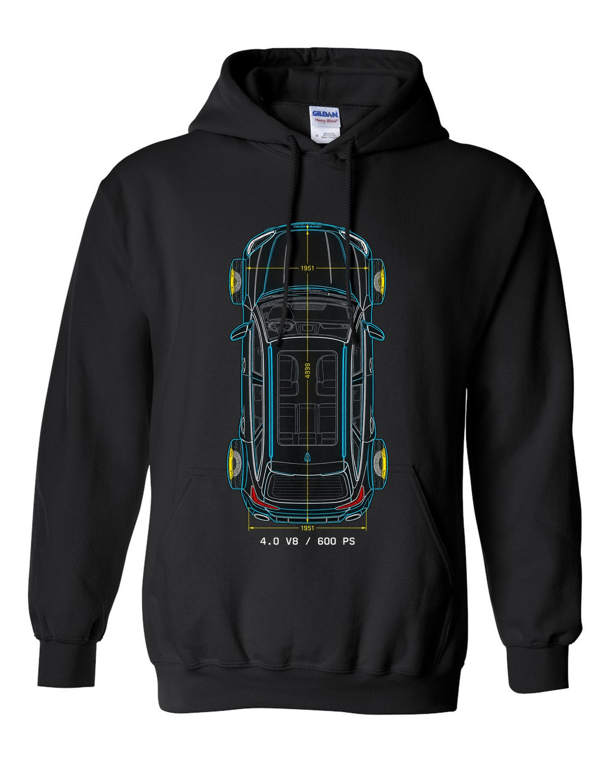 Top-down technical blueprint design of the Audi RS6 Avant C8 with 4.0 V8 and 600 PS lettering black pull over hoodie front view with the design