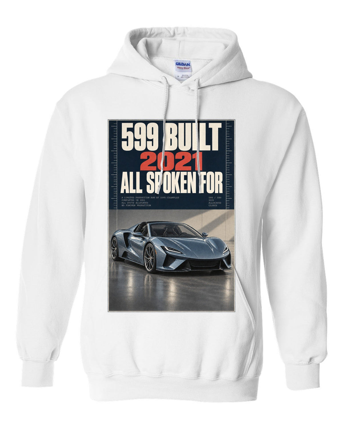 Halftone print of the Ferrari Daytona SP3 on a tee white pull over hoodie front view with the design