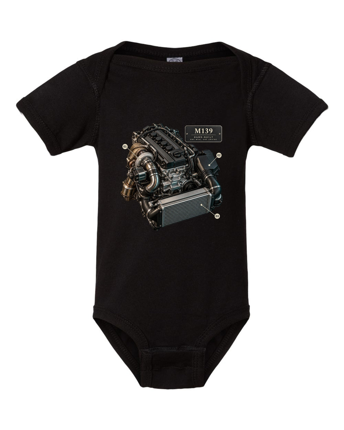 Mercedes-AMG C63 S E Performance W206 M139 engine illustration black baby onesie front view with the design