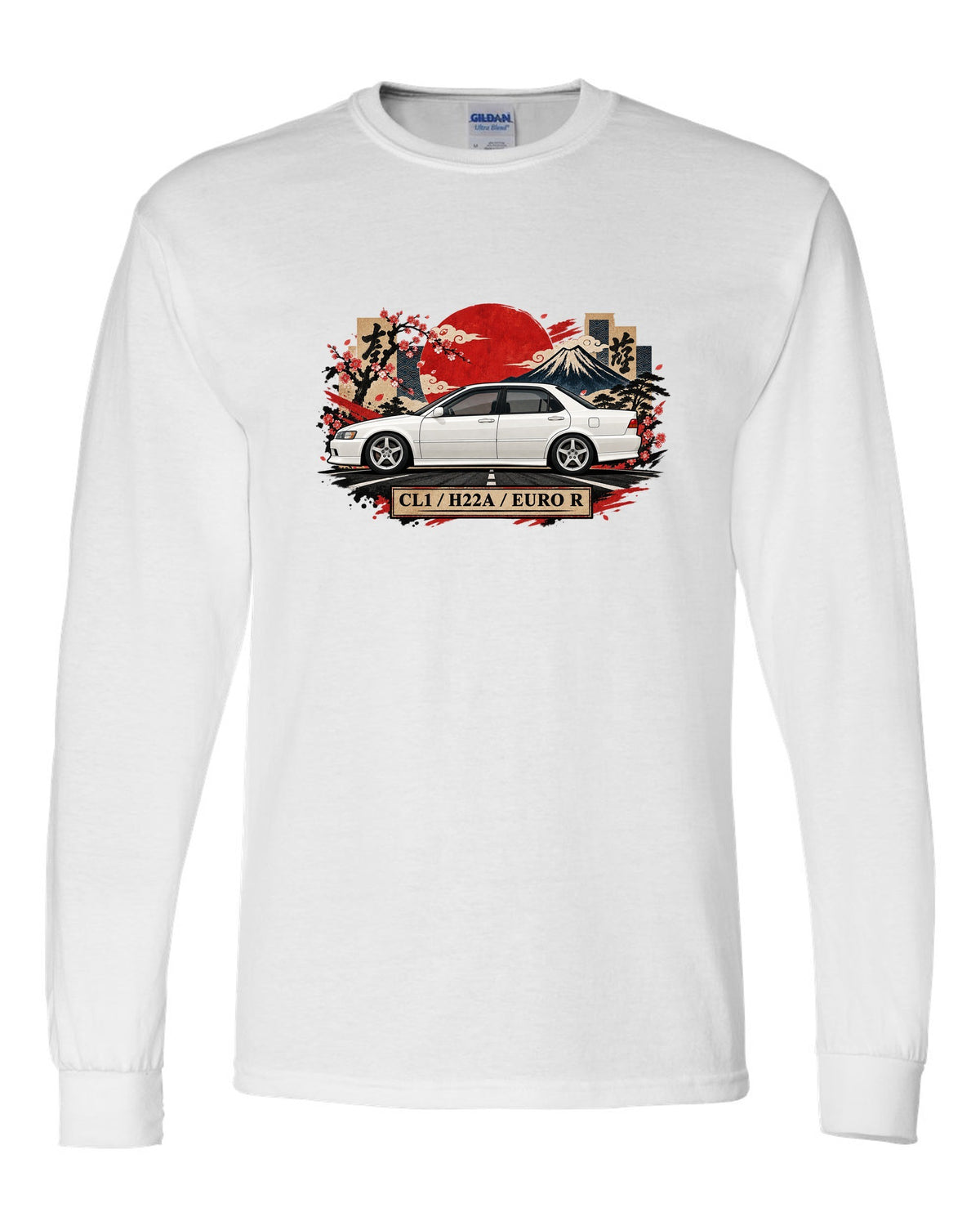 Japanese kanji plate collage print for the Honda Accord Euro R CL1 with H22A text white long sleeve front view with the design