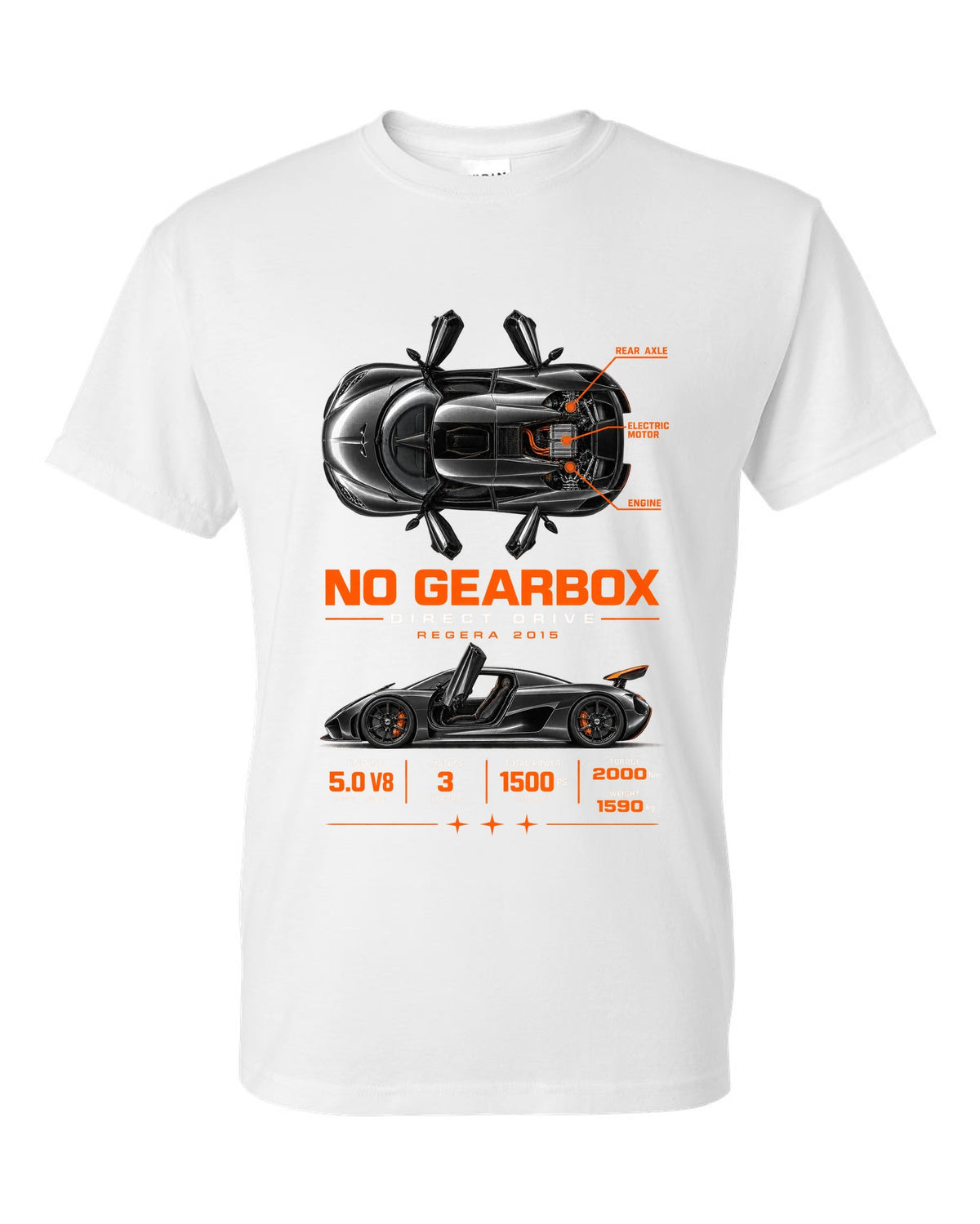 Koenigsegg Regera 2015 direct drive spec poster white t-shirt front view with the design