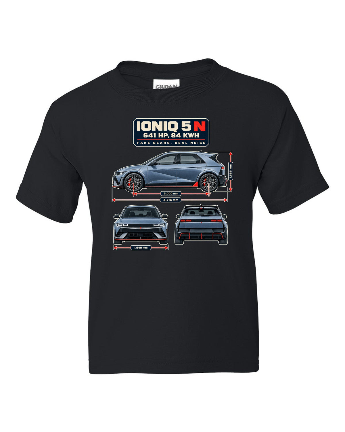 Hyundai Ioniq 5 N dimension blueprint print on a shirt black kids tee front view with the design