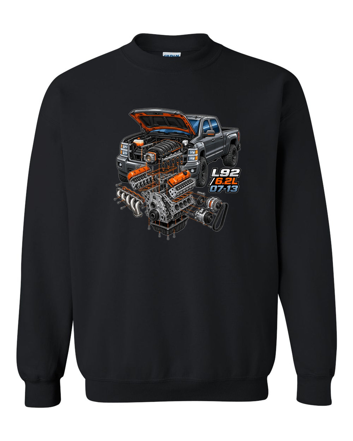 Isometric exploded engine cutaway print for a 2007-2013 Chevrolet Silverado GMT900 with L92 6.2L text black crewneck front view with the design