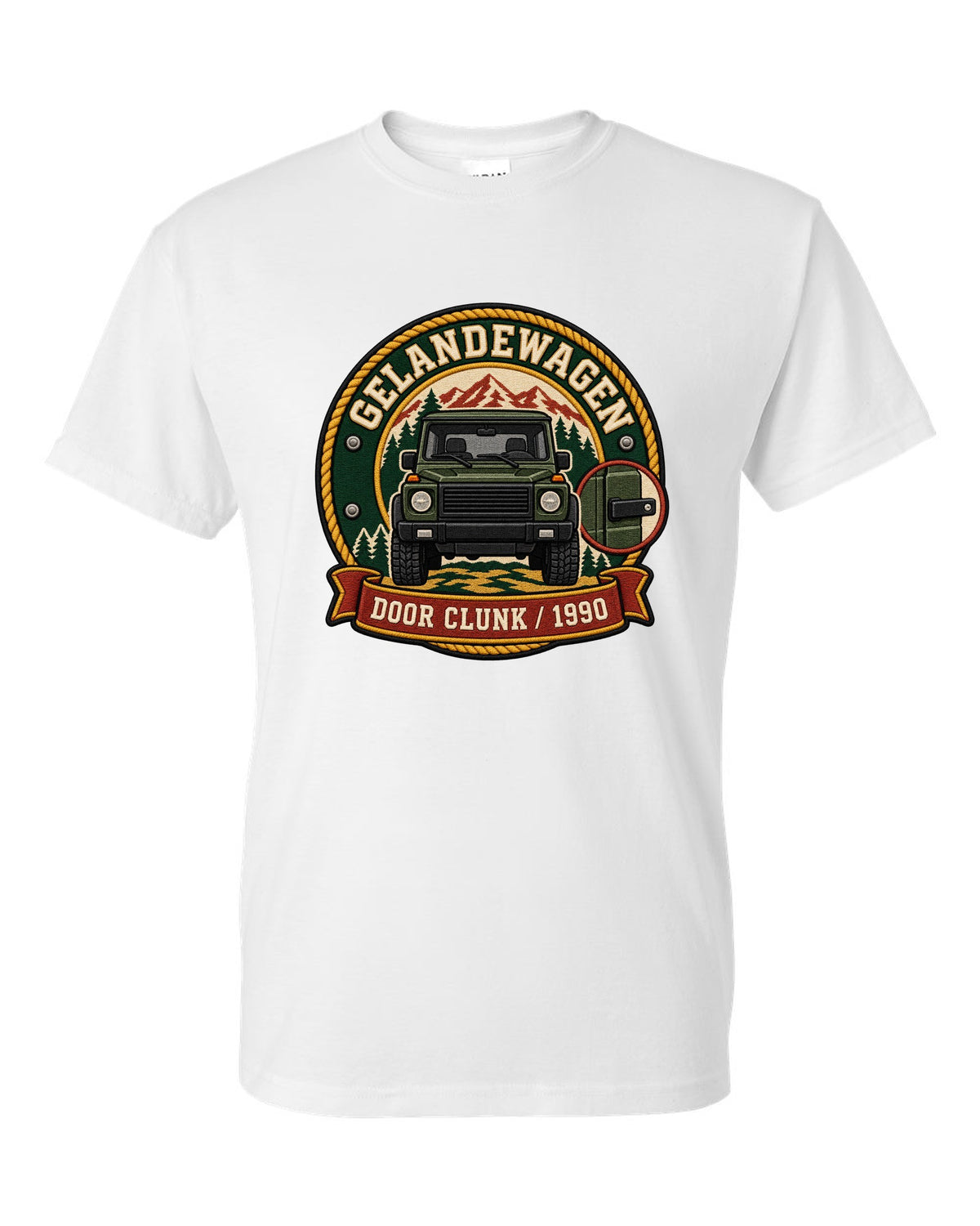 Embroidery-style shield crest graphic reading Door Clunk 1990 for a Mercedes G-Class W463, print white t-shirt front view with the design