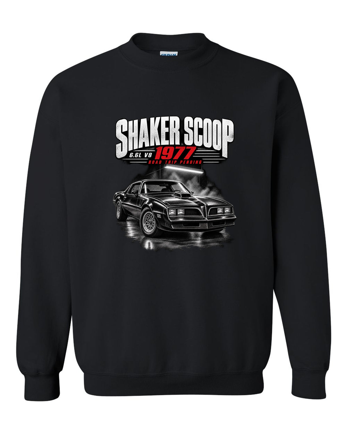 Garage night print of a 1977 Pontiac Firebird Trans Am with shaker scoop black crewneck front view with the design
