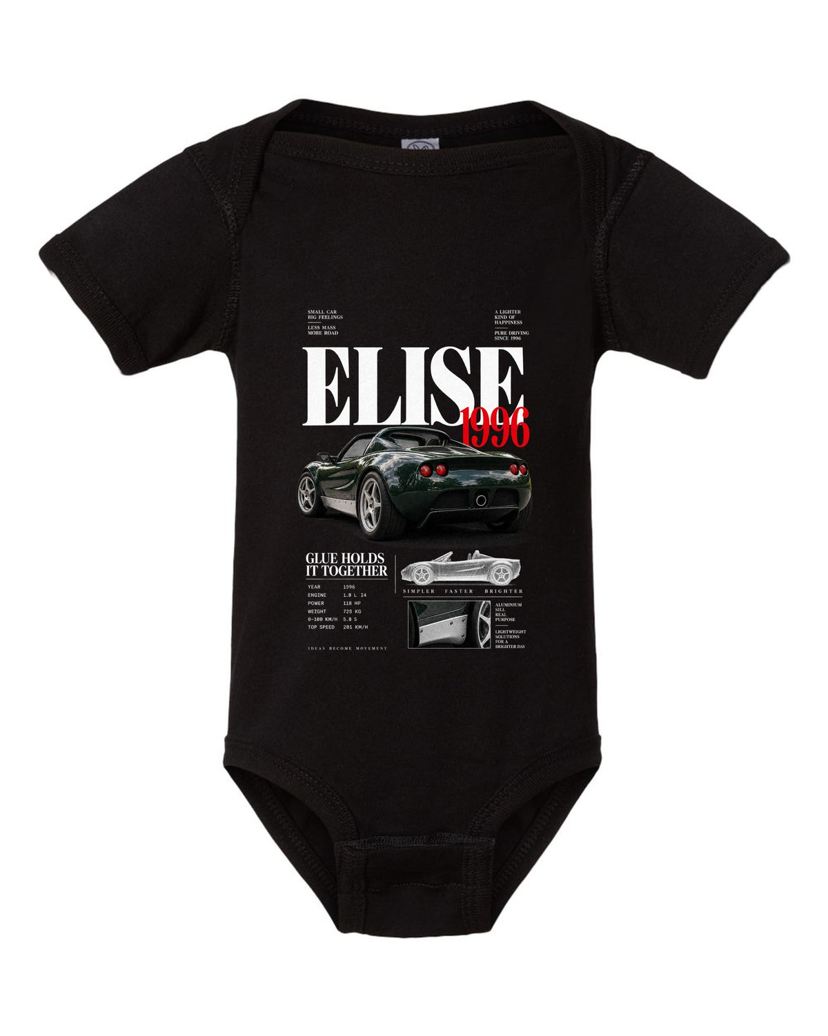 Editorial headline print for a 1996 Lotus Elise S1 with glue holds it together text black baby onesie front view with the design