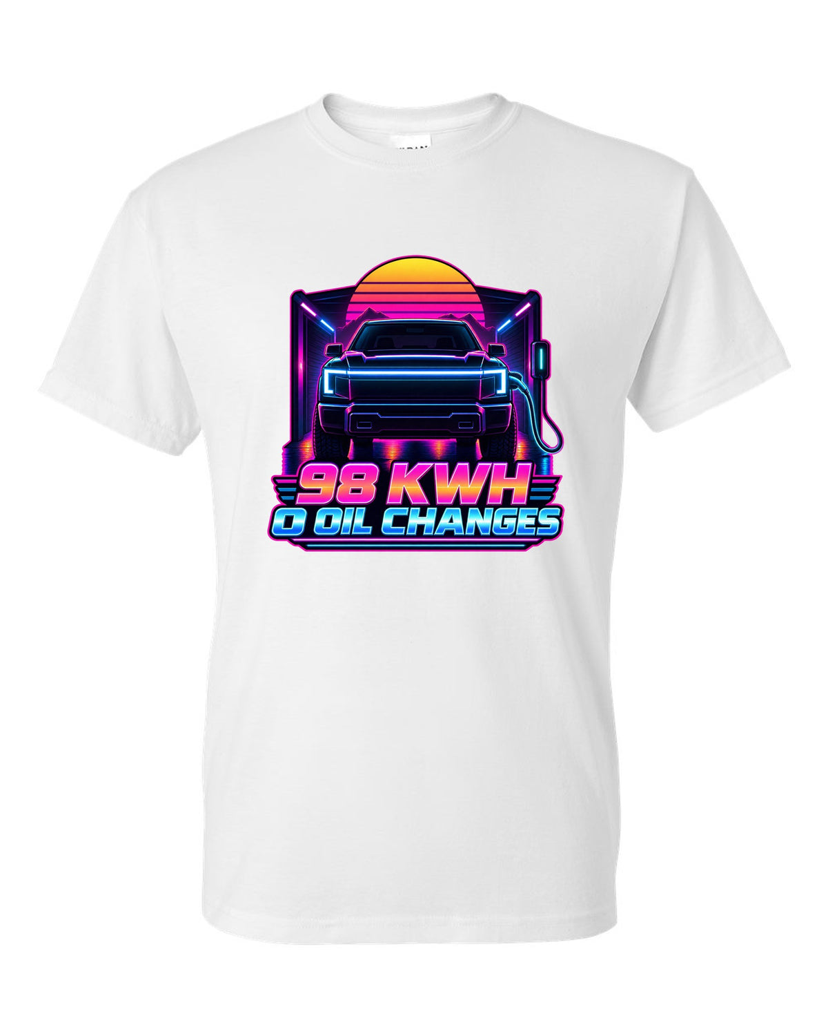 Ford F-150 Lightning EV with lightbar in a neon synthwave outline print white t-shirt front view with the design
