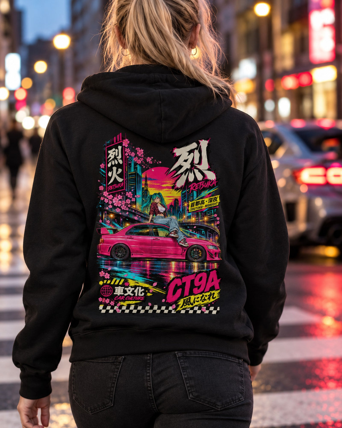 RETSUKA CT9A Anime Girl Full-Back Graphic Tee Zip Hoodie Black worn hero