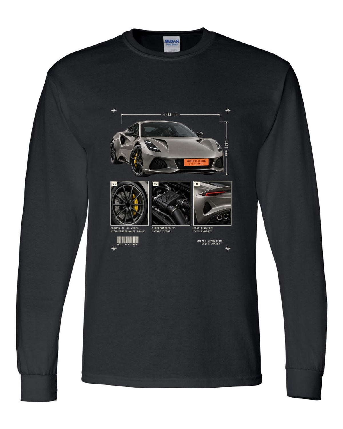 Lotus Emira V6 2021 hero view with three detail panels print with hydraulic steering text black long sleeve front view with the design