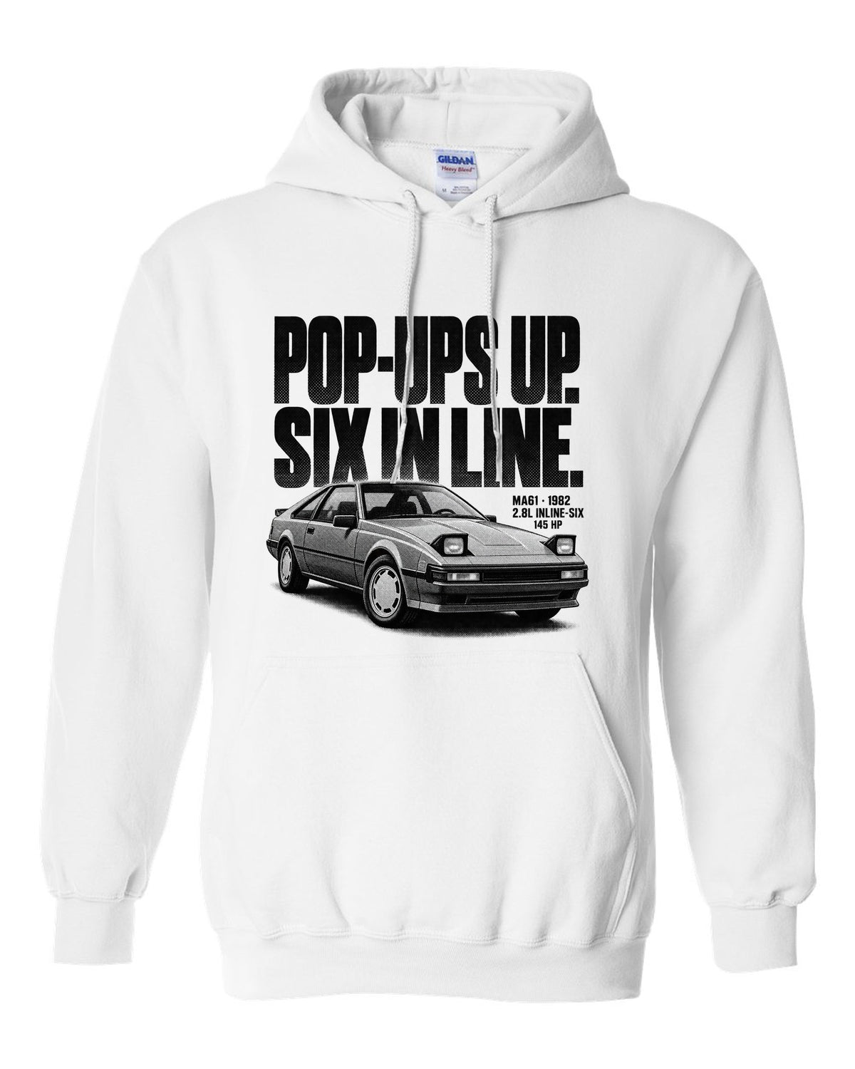 Halftone print of a Toyota Supra A60 MA61 wedge with the text Pop-Ups Up Six In Line white pull over hoodie front view with the design