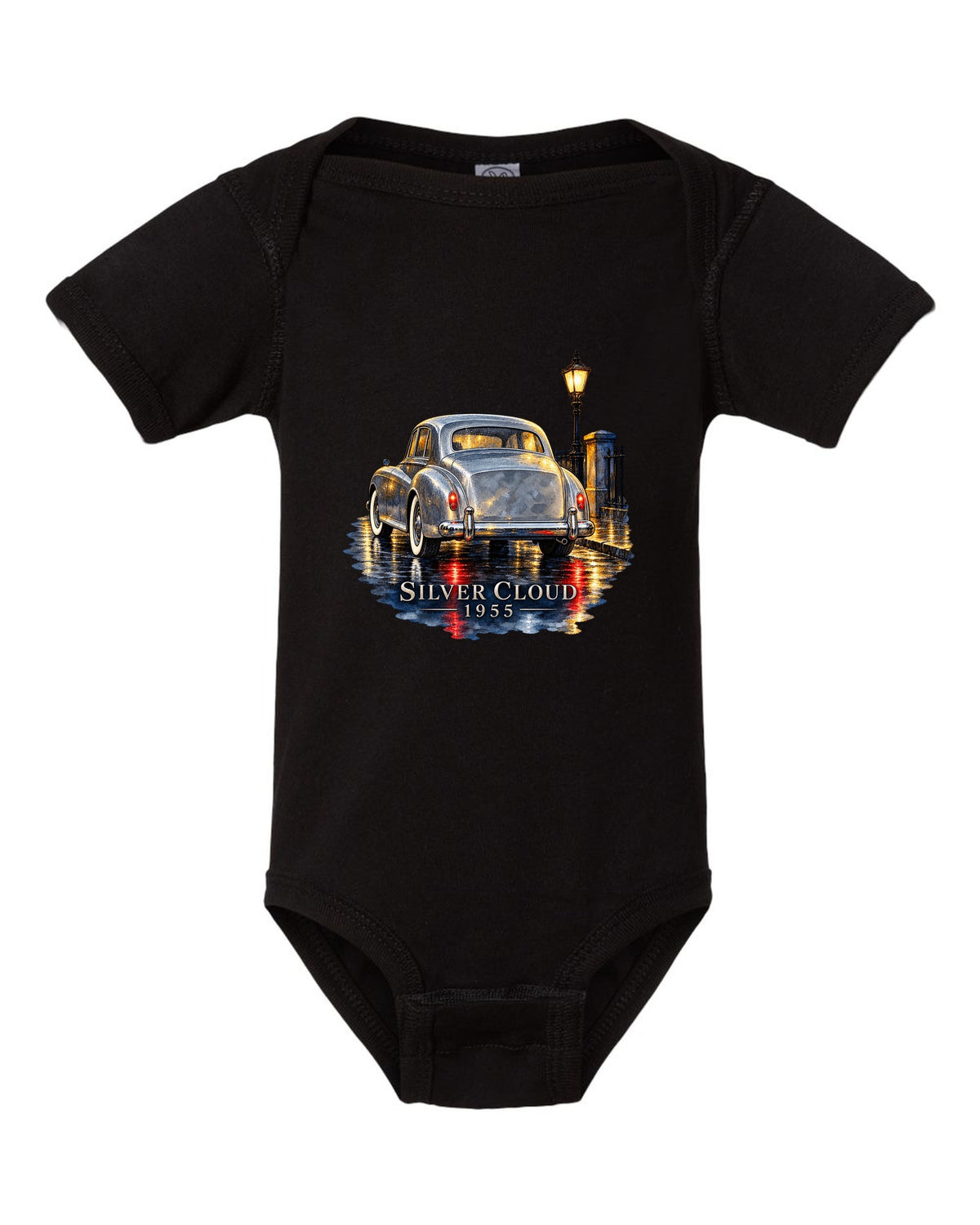 Watercolour painting of a 1955 Rolls-Royce Silver Cloud on a rainy night road with SILVER CLOUD lettering black baby onesie front view with the design