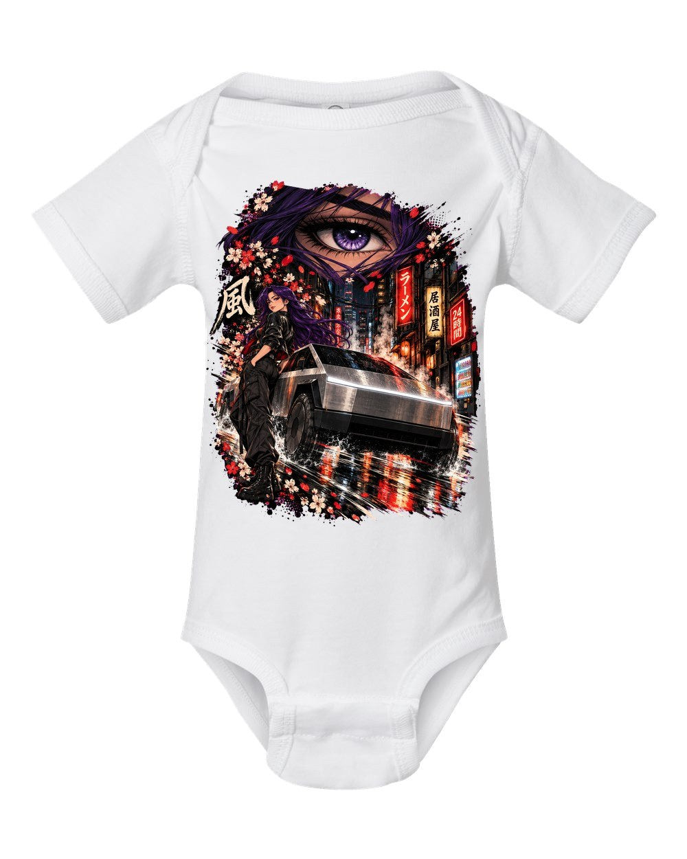 Tesla Cybertruck Anime Girl Baby Onesie White front