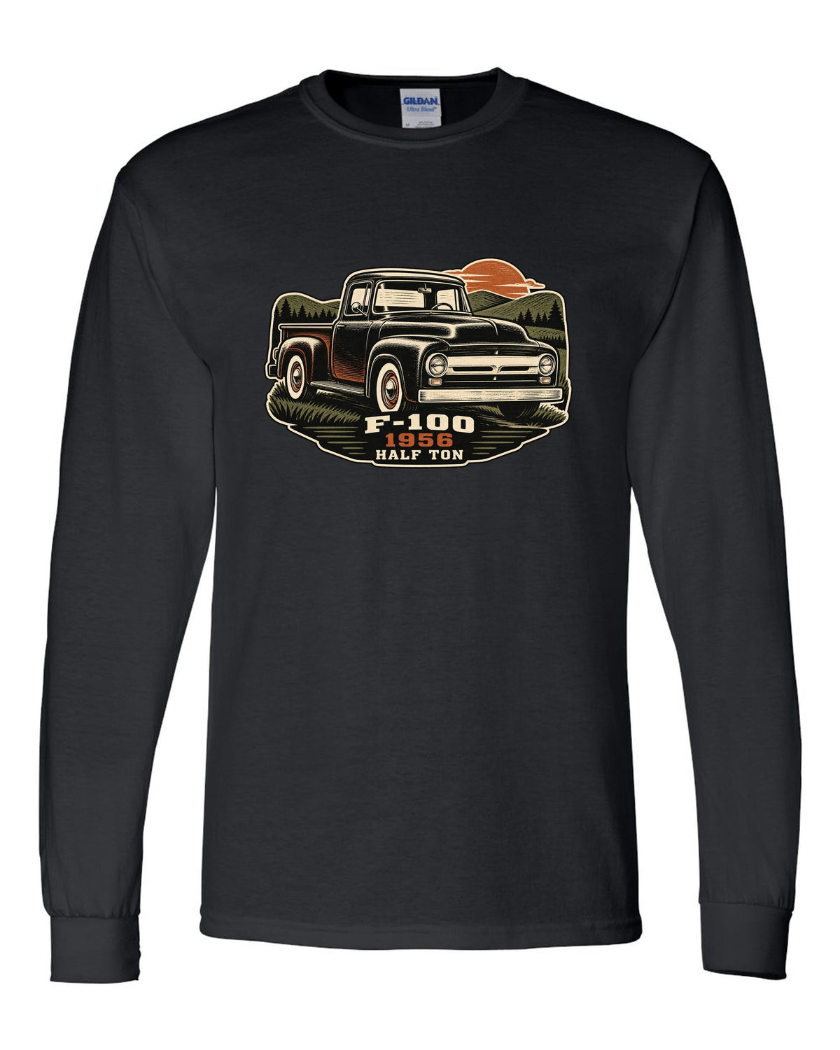 Dusk linocut print of a 1956 Ford F-100 pickup with Half Ton lettering black long sleeve front view with the design